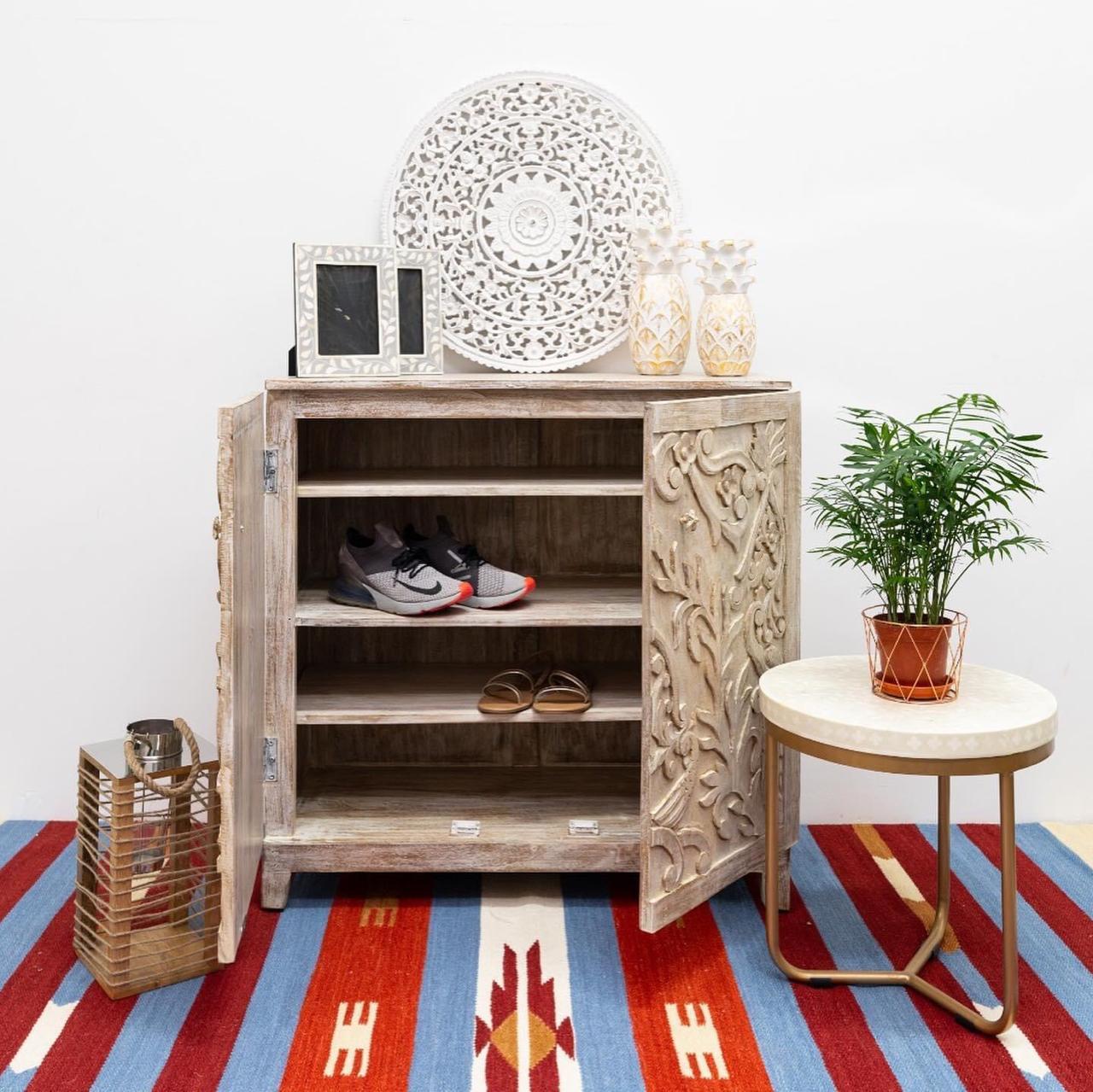 Kaye Hand Carved Wooden Shoe Cabinet