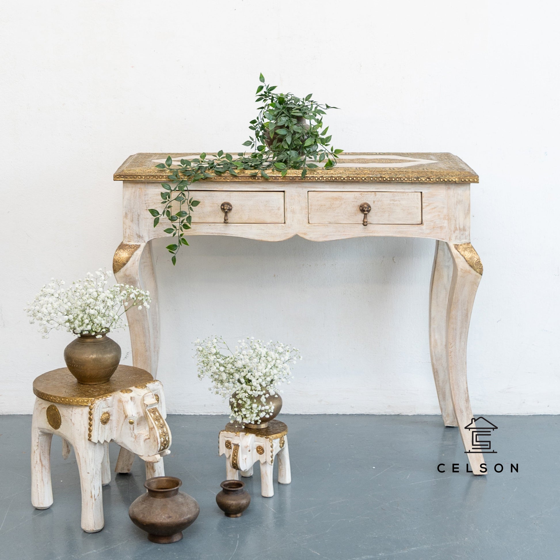 Yubi Wooden Brass Inlaid Console Table