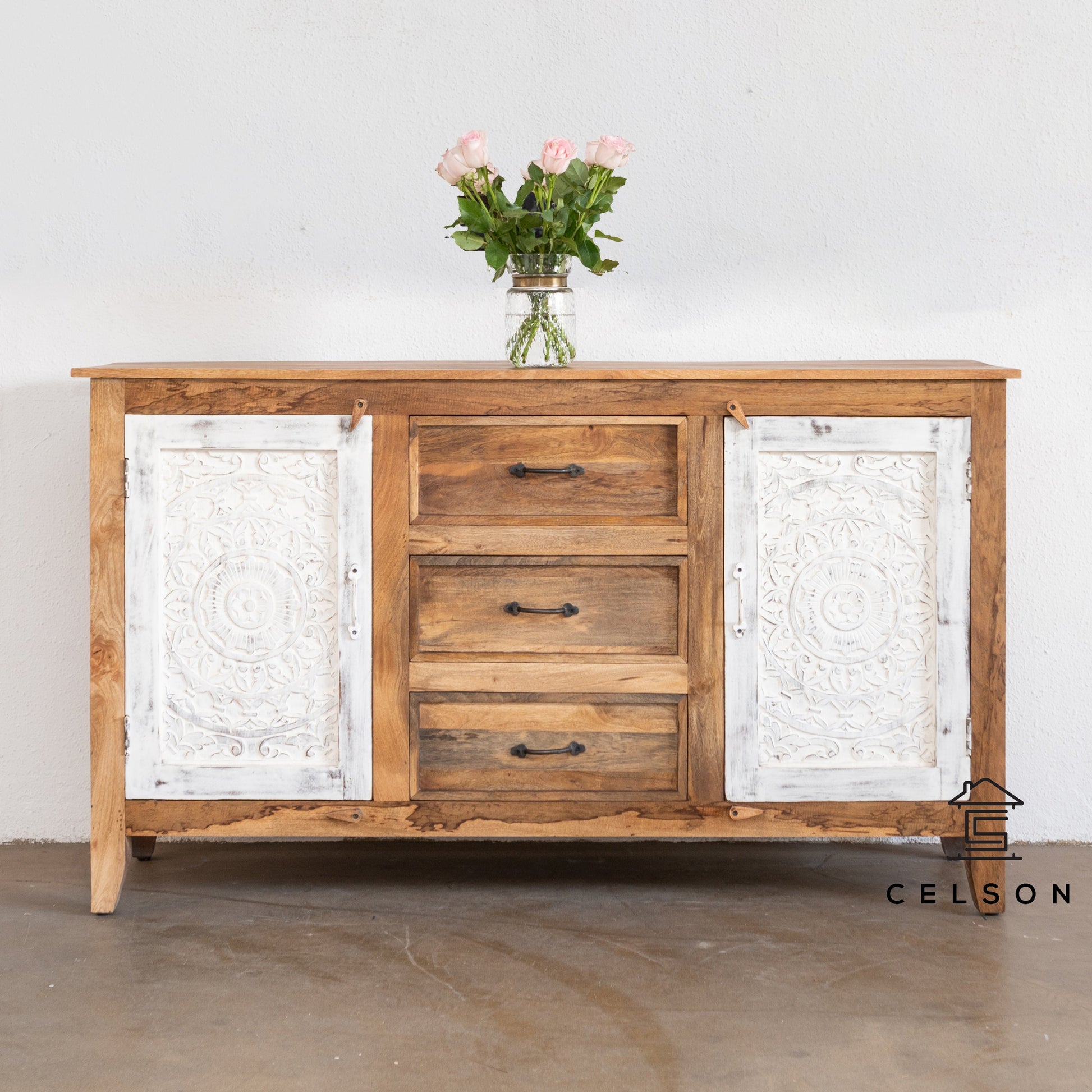 Rose Hand Carved Wooden Sideboard
