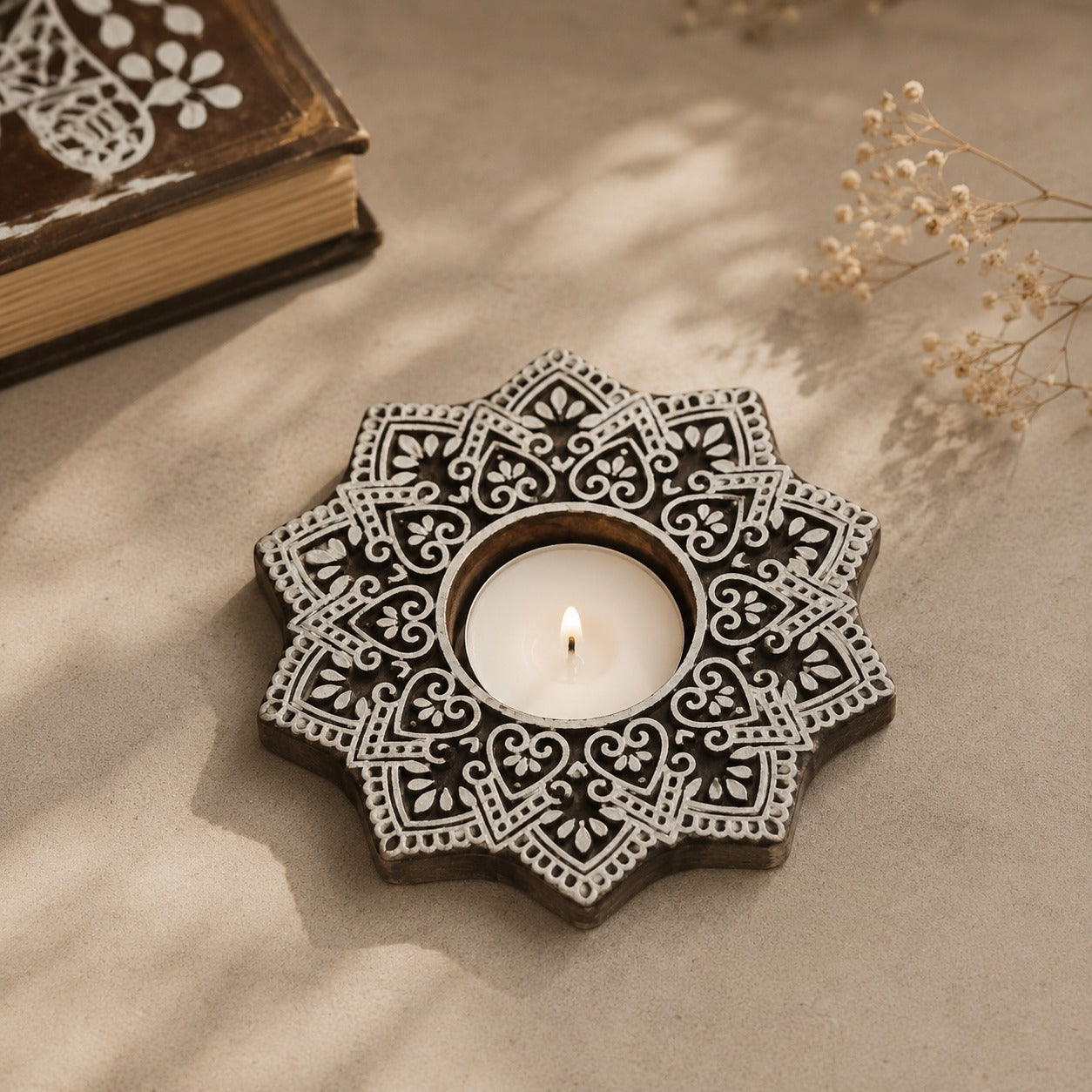 Elorra Hand Carved Wooden T Light Holder
