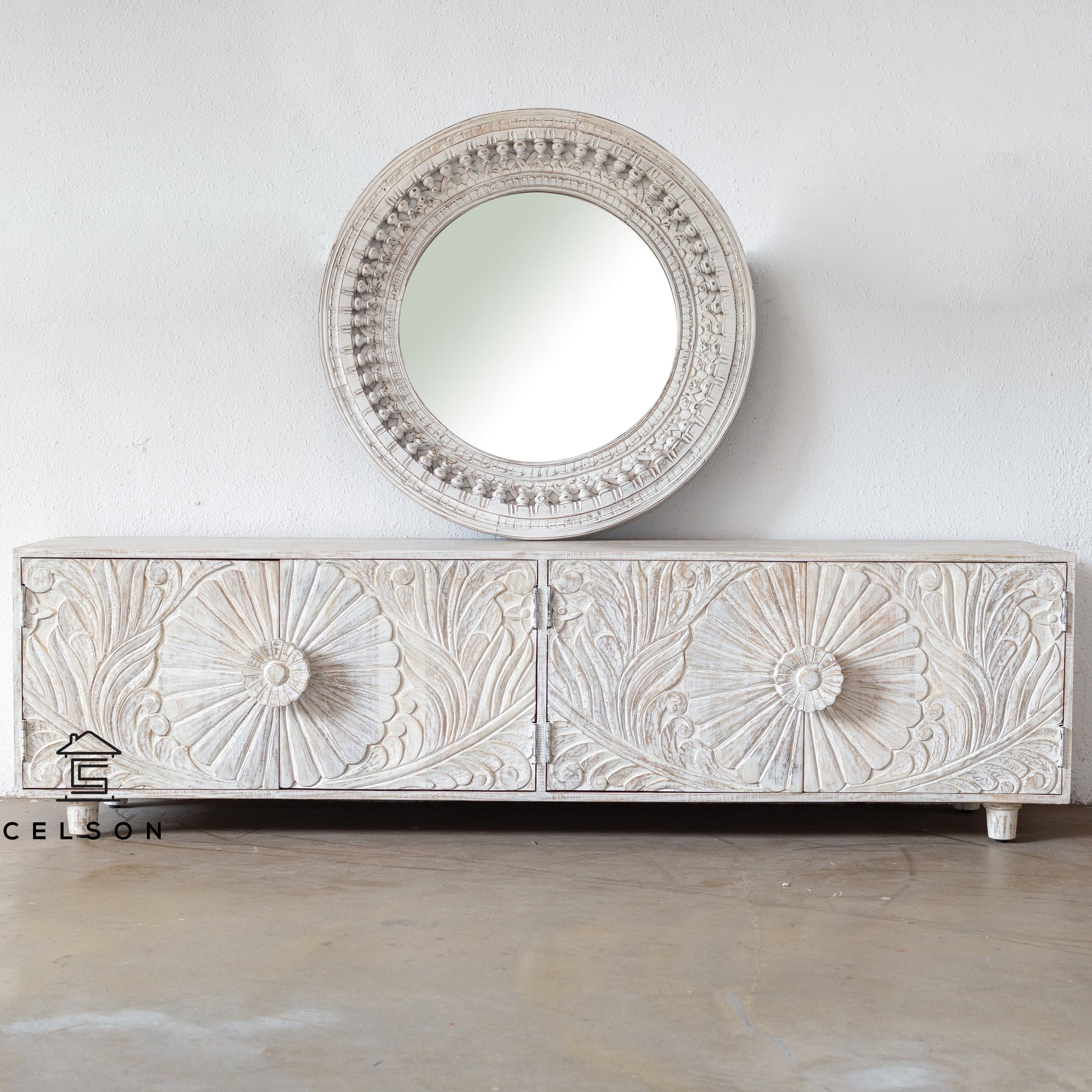 Becca Carved Spindle Round Mirror