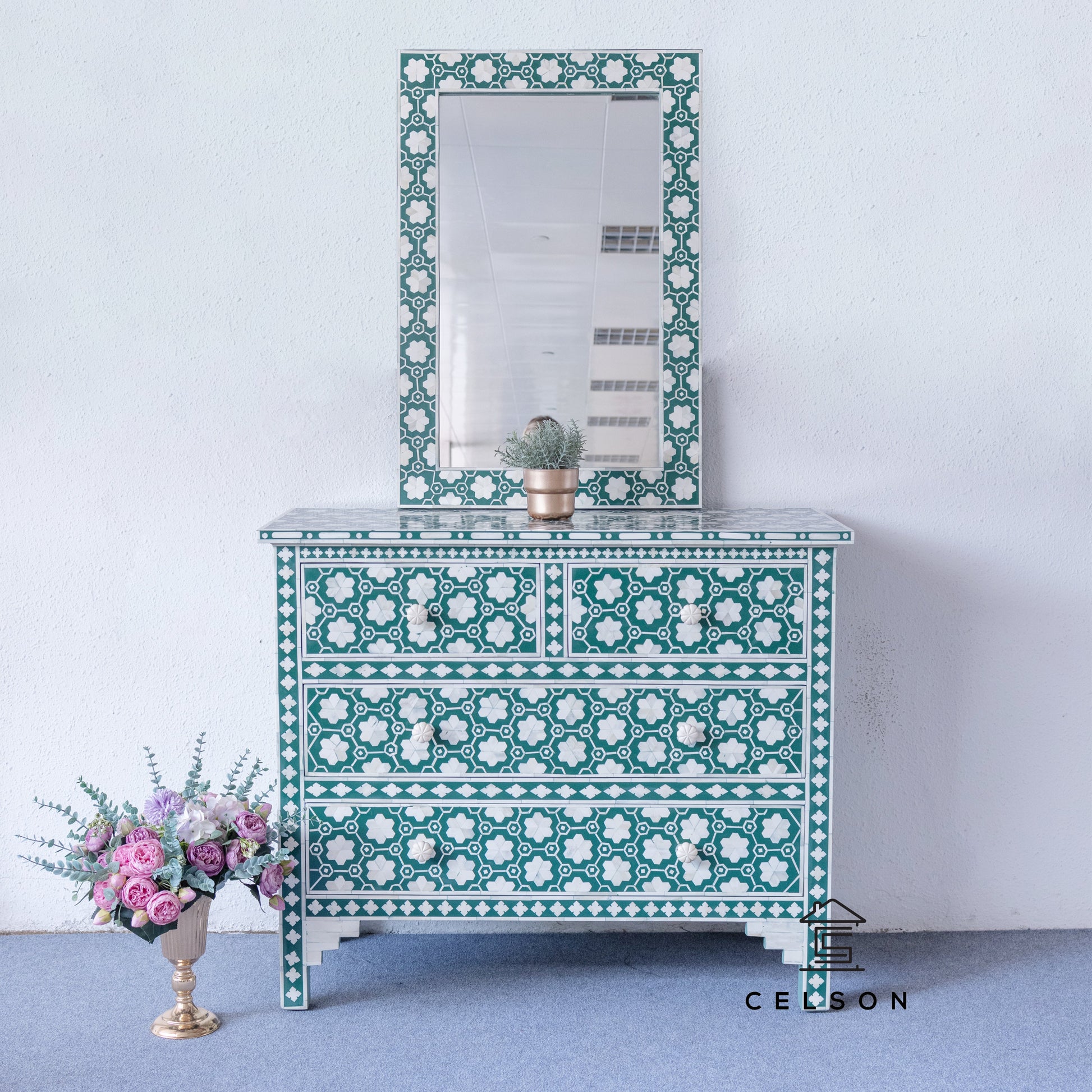 Aaron Bone Inlay Chest and Mirror