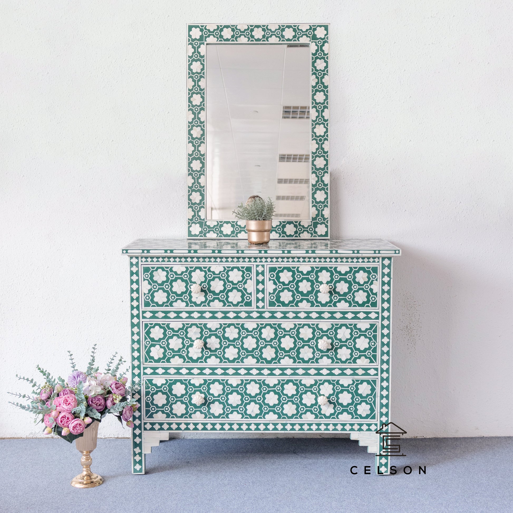 Aaron Bone Inlay Chest and Mirror