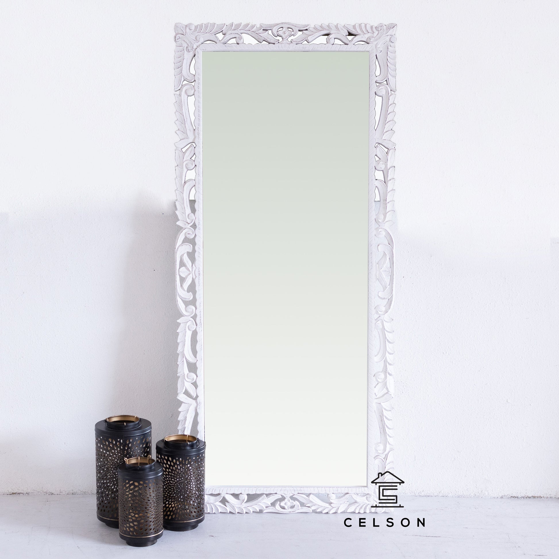 Simmi Carved White Mirror