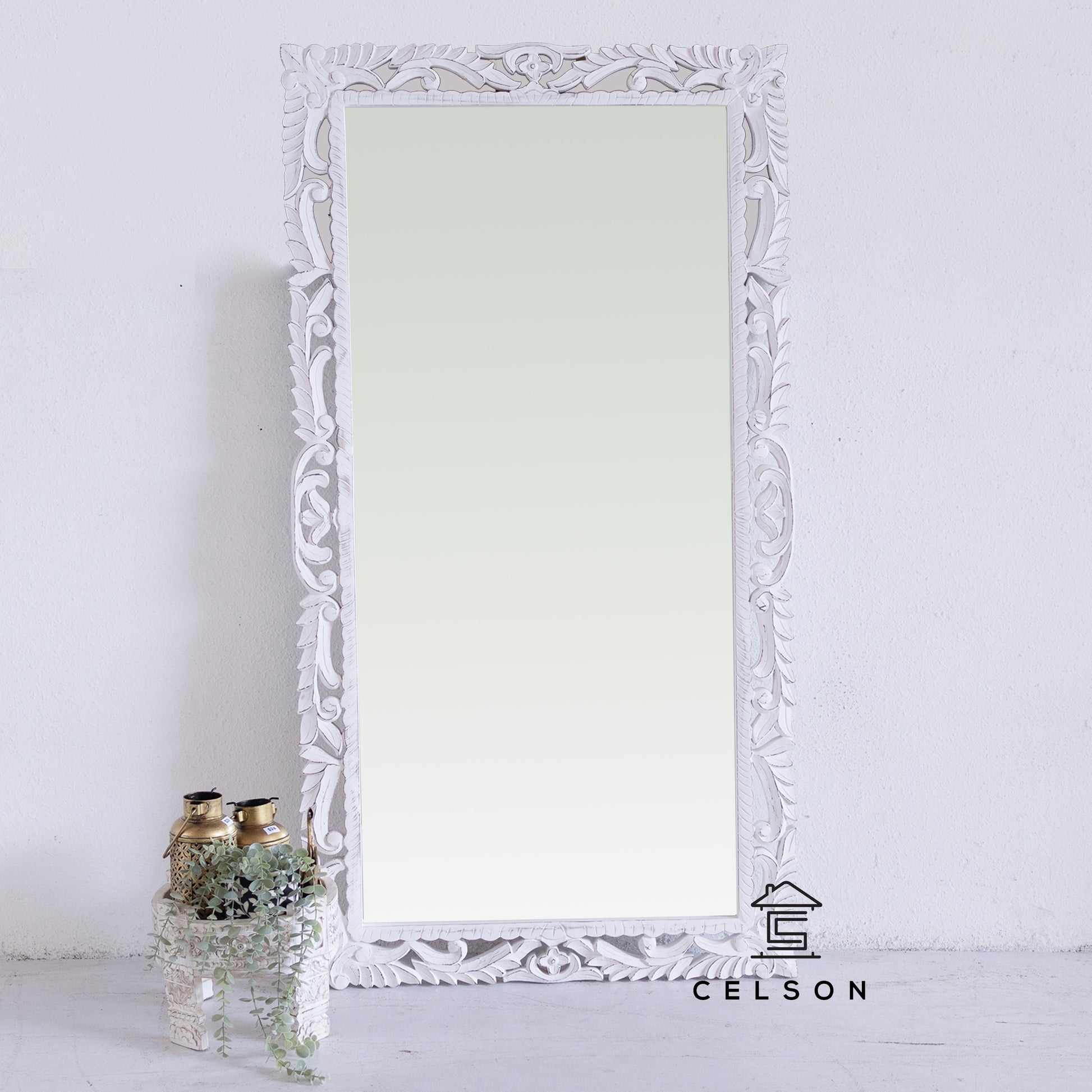 Simmi Carved White Mirror