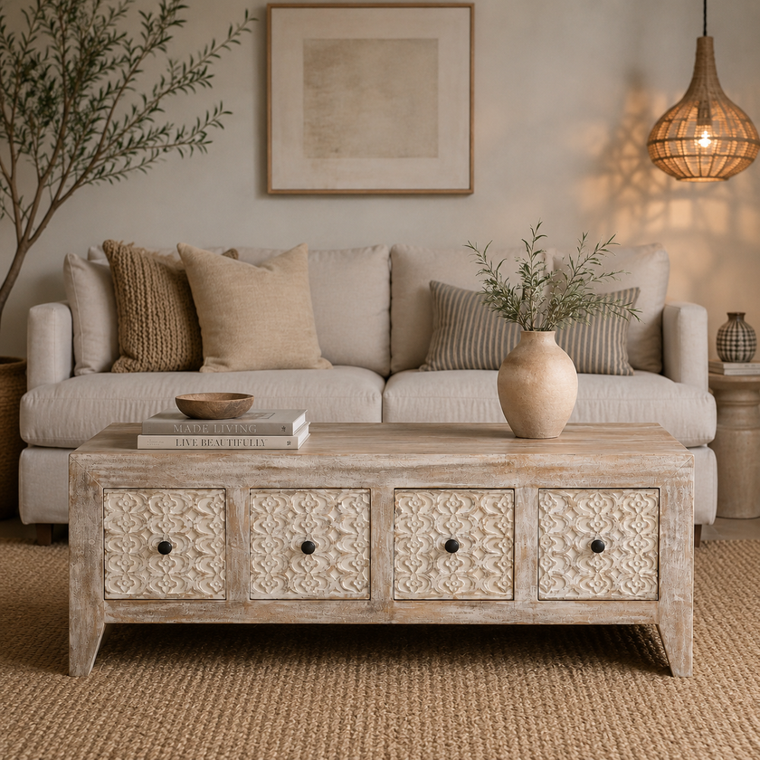 Colter Carved Wooden Coffee Table