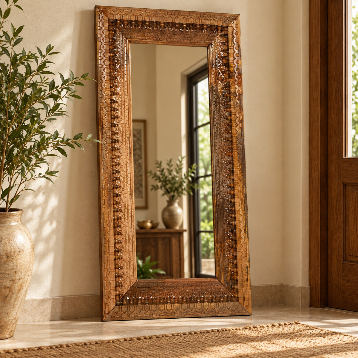 Raj Ved Carved Wooden Mirror