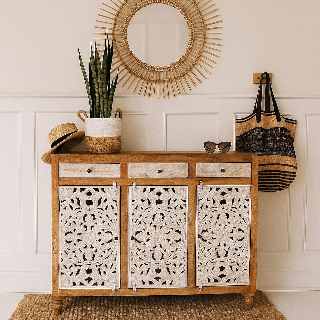 Polar Hand Carved Wooden Shoe Cabinet