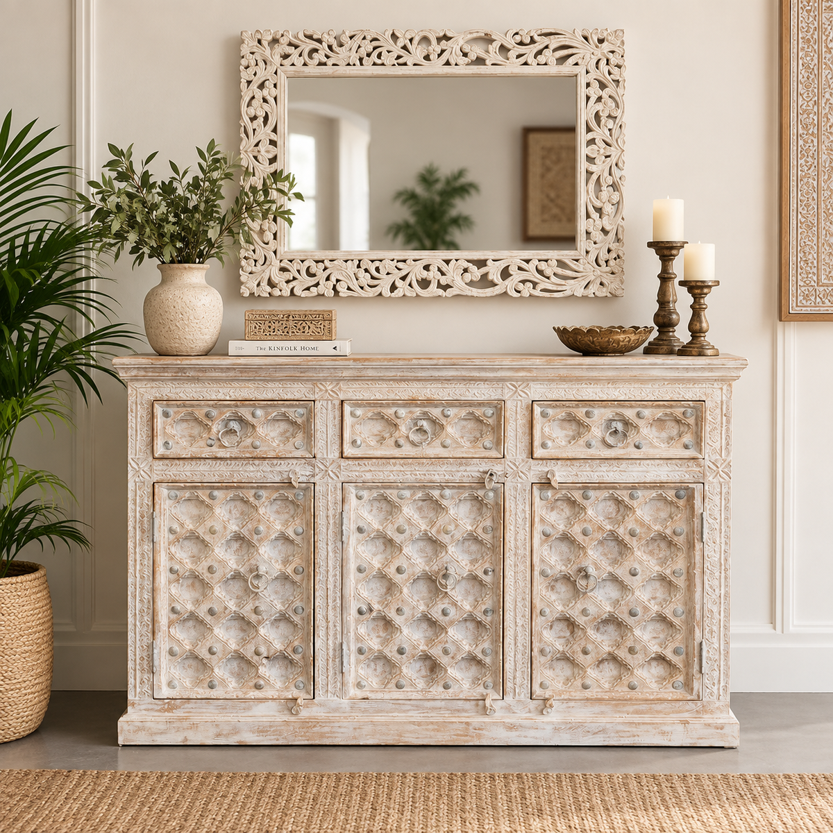Daisy Hand Carved Wooden Sideboard