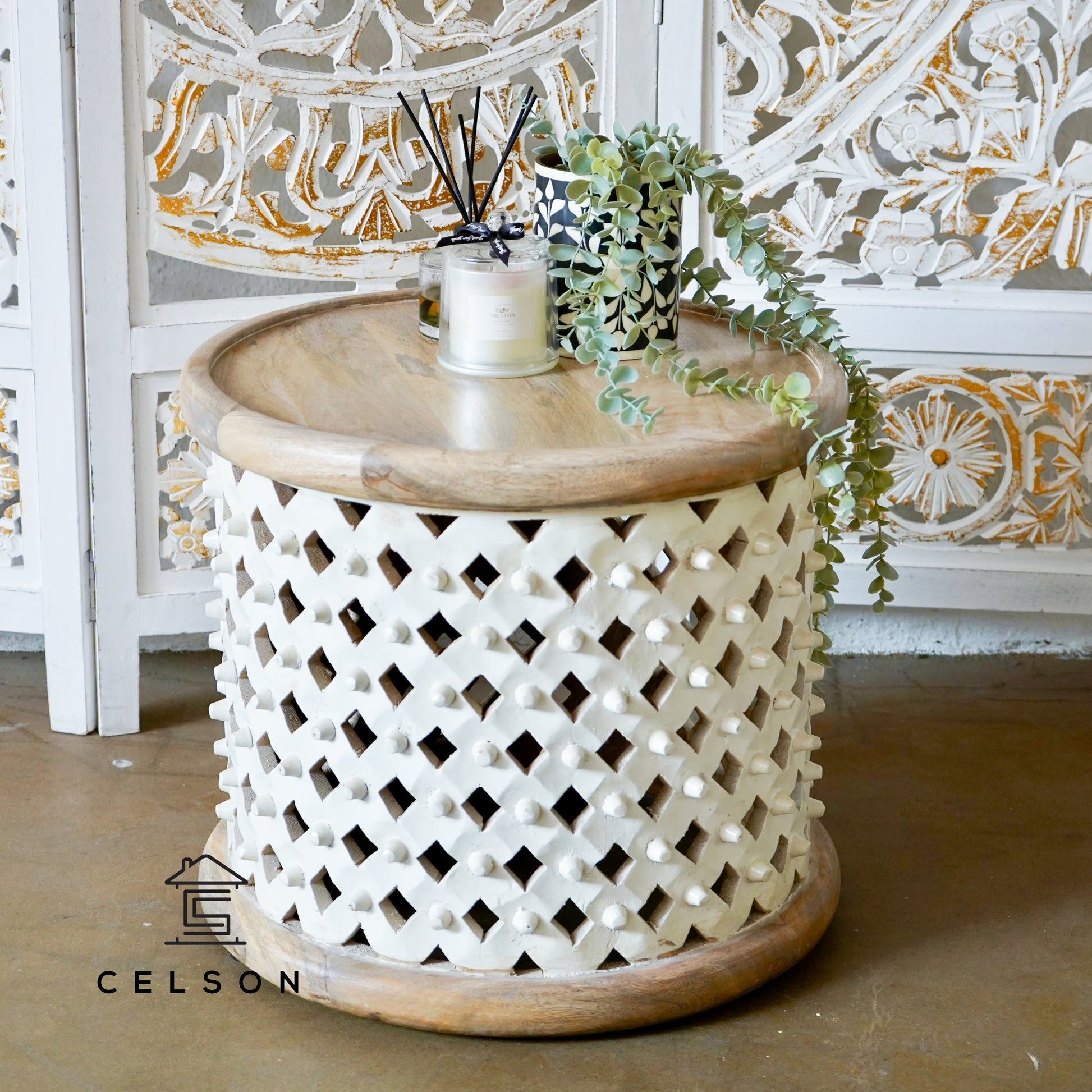 Claire Wooden Hand Carved Side Table