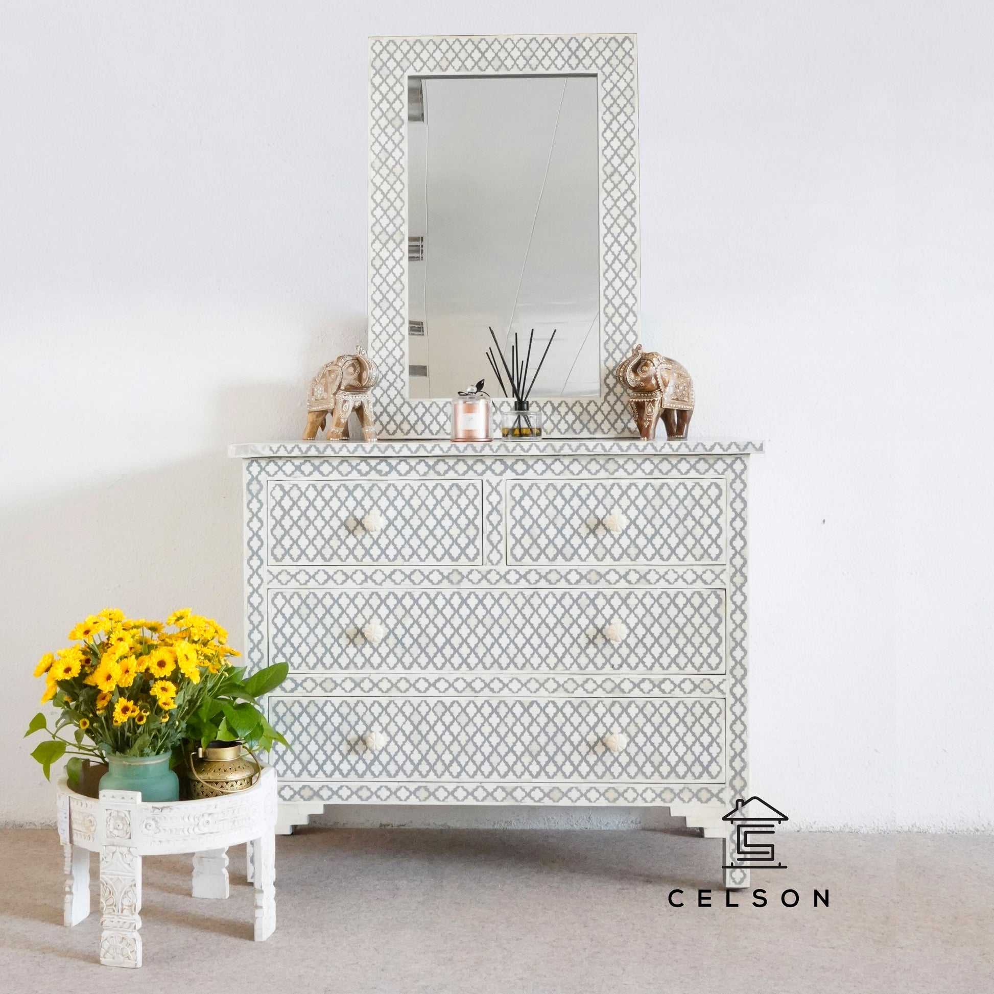 Eva Bone Inlay Chest of drawer and Mirror