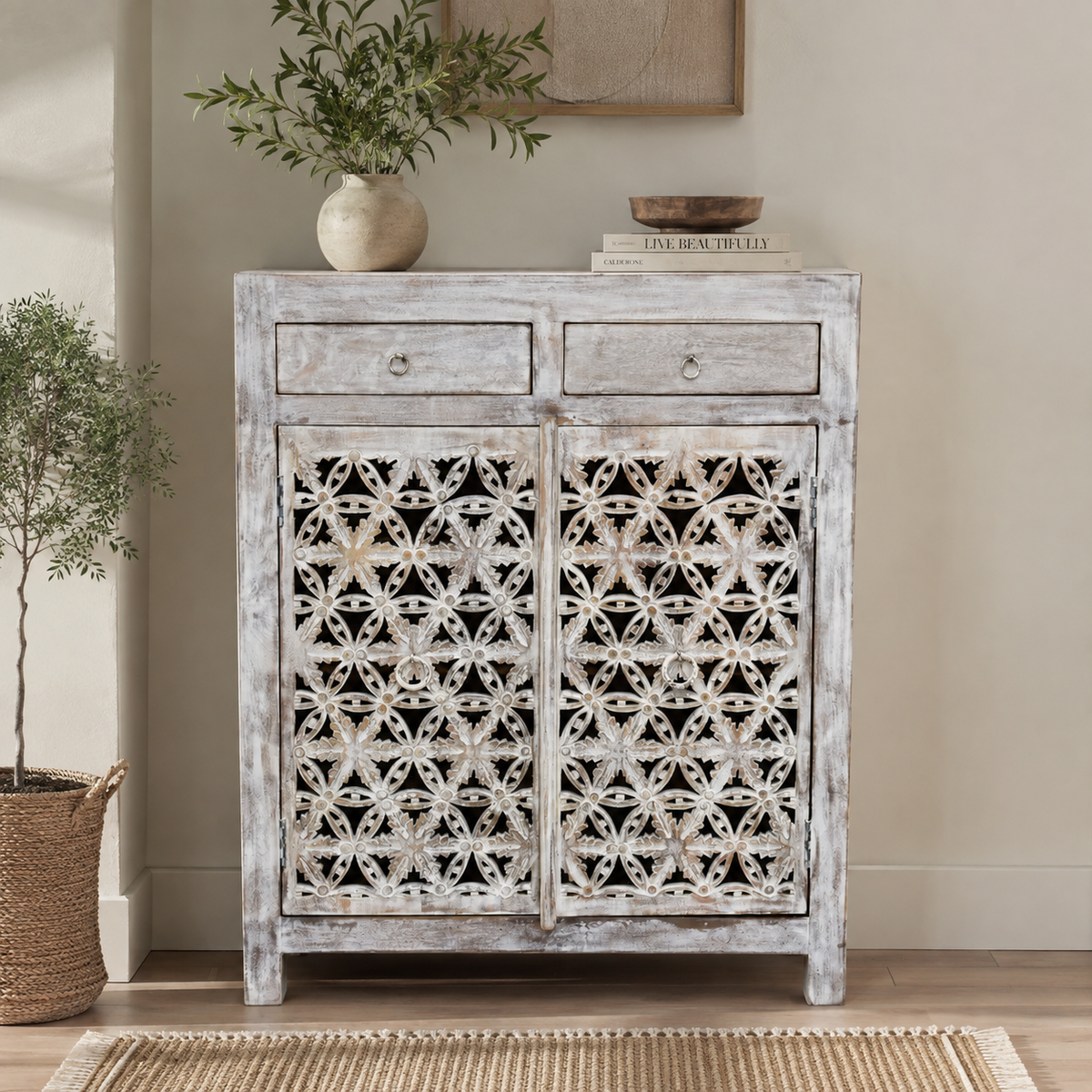 Nico Hand Carved Wooden Shoe Cabinet