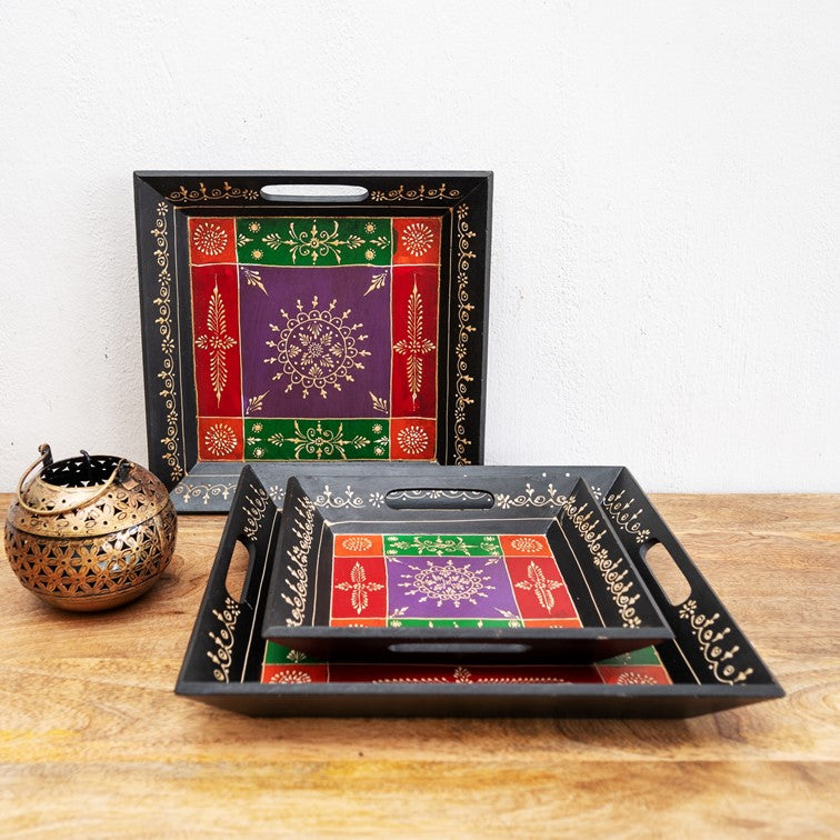 Nibha Hand Painted Wooden Tray Set/3