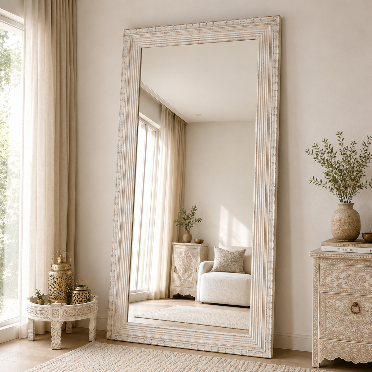 Jay Solid Indian Wood Carved Mirror