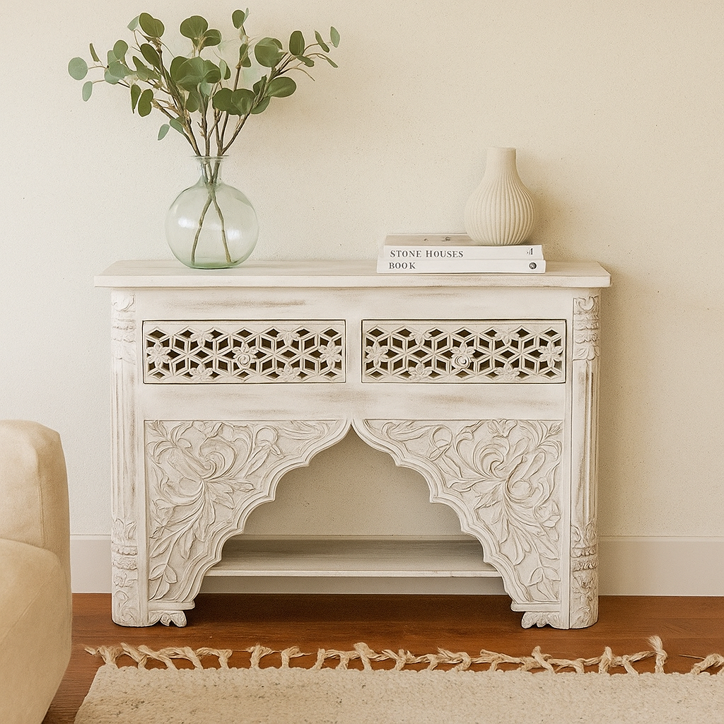 Penny Hand Carved Wooden Console Table