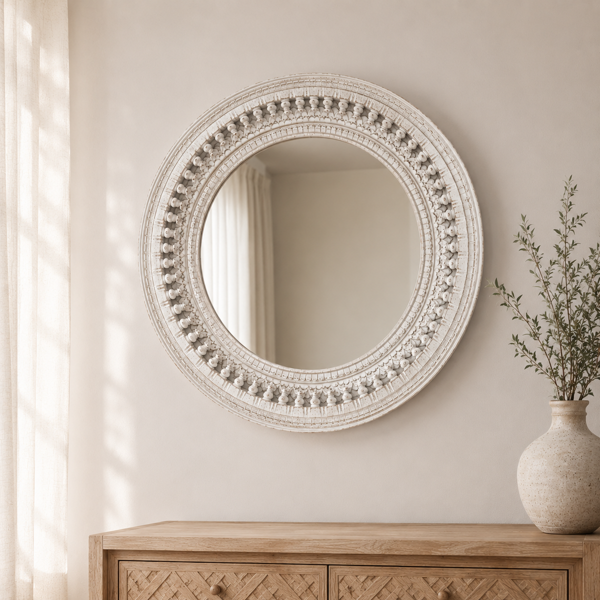 Becca Carved Spindle Round Mirror
