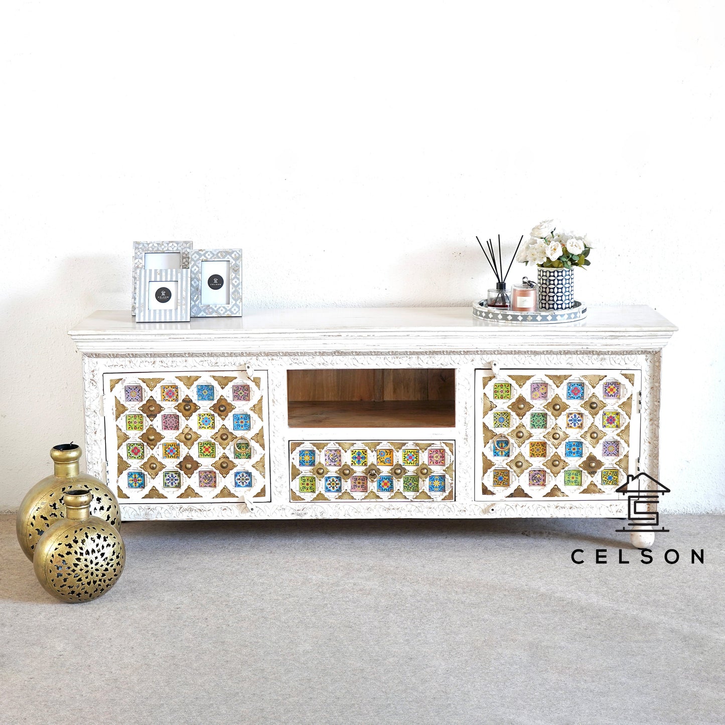 Michelle Hand Carved Tile TV Cabinet