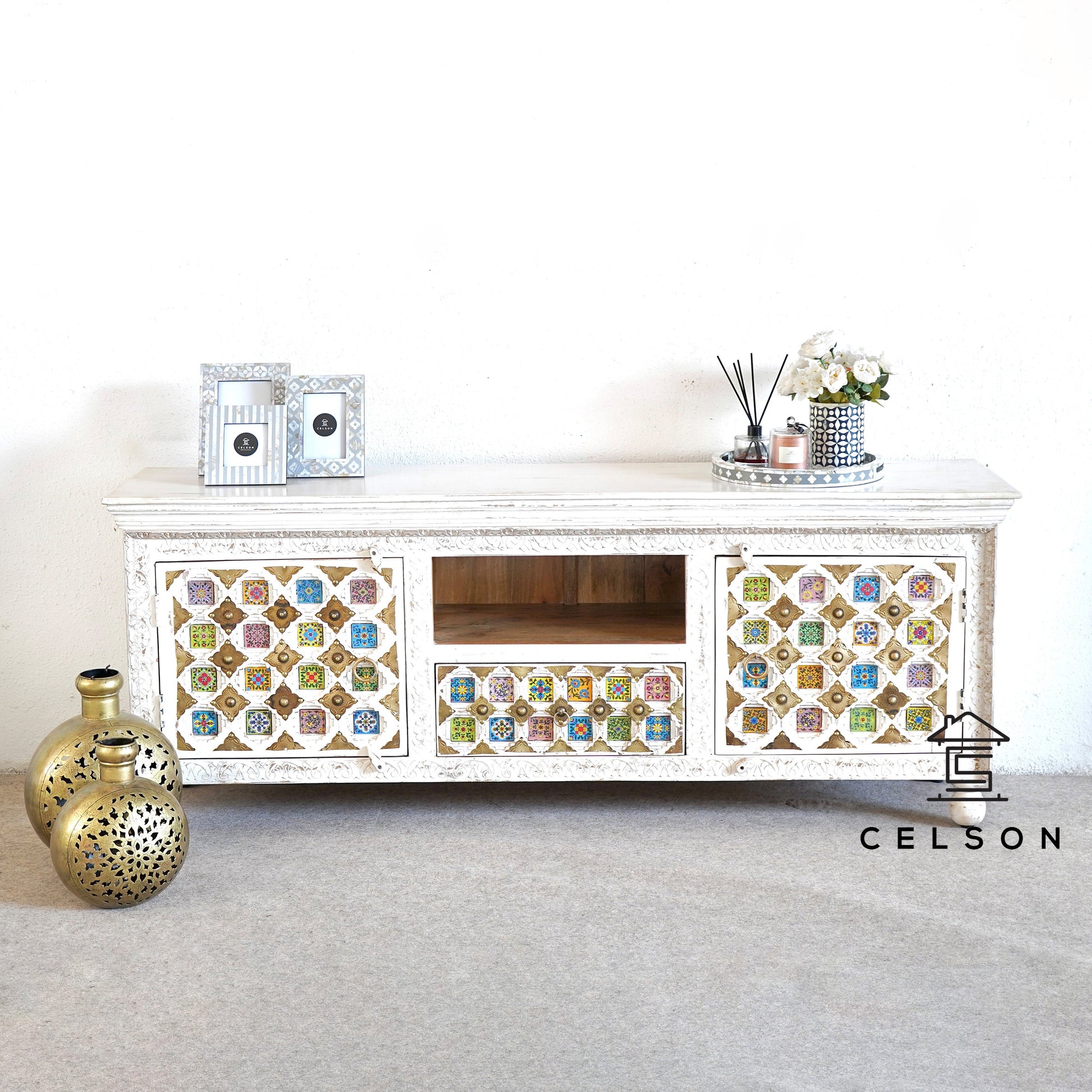 Michelle Hand Carved Tile TV Cabinet