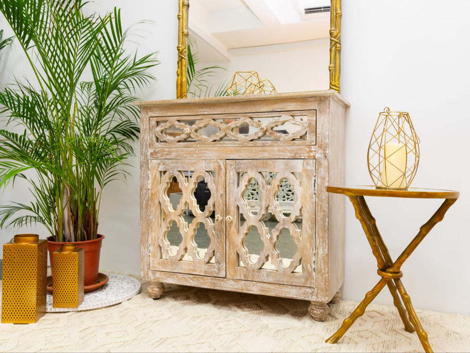 Jenn Carved Wooden Table with Mirror Top