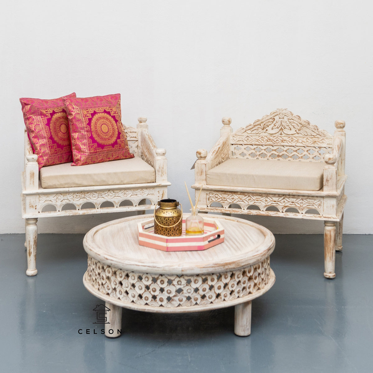 Terisa Indian Wooden Hand Carved Arm Chair with Cushion Seat