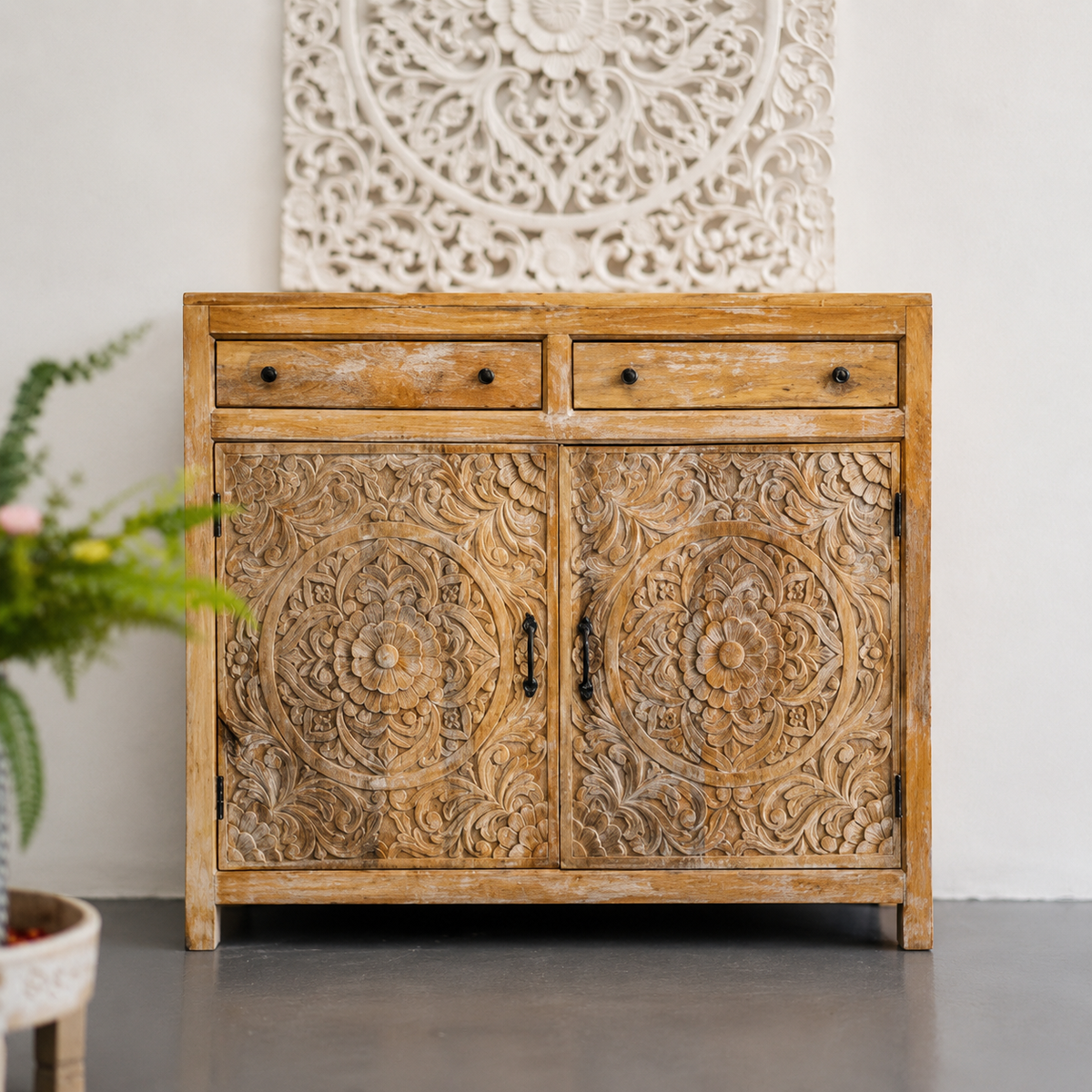 Ewen Carved Wooden Chest