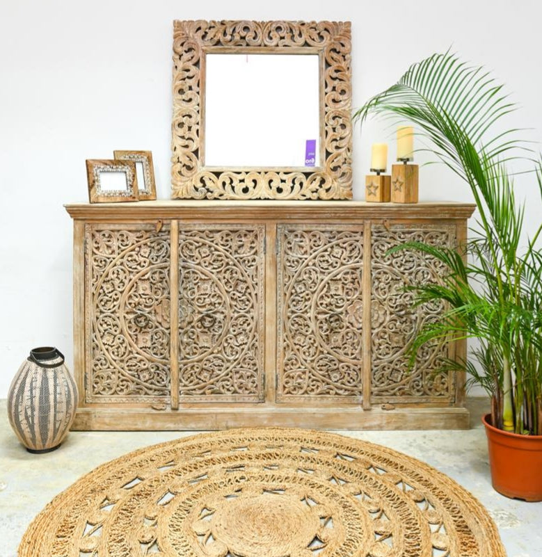 June Hand Carved Wooden Side Board