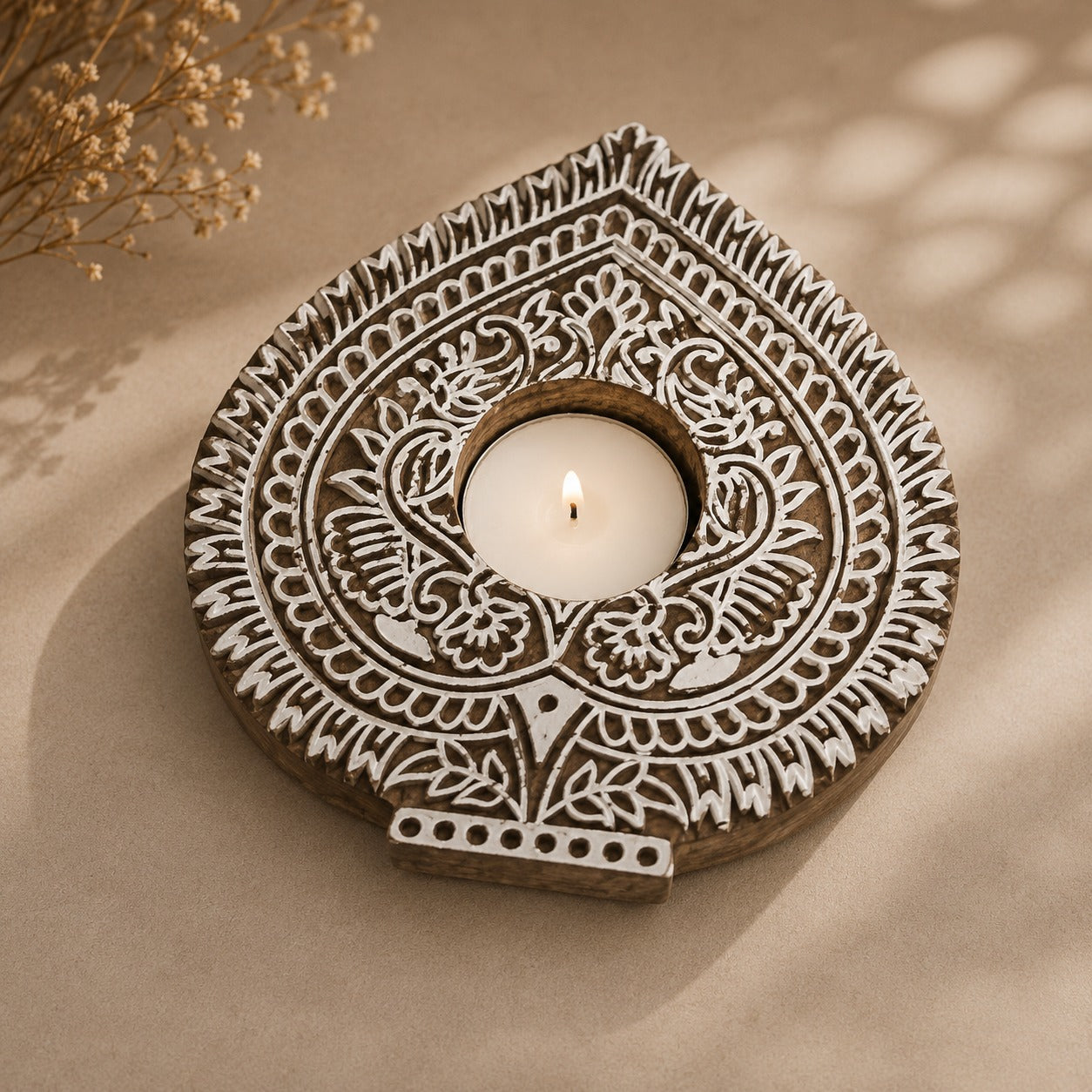 Elorra Hand Carved Wooden T Light Holder