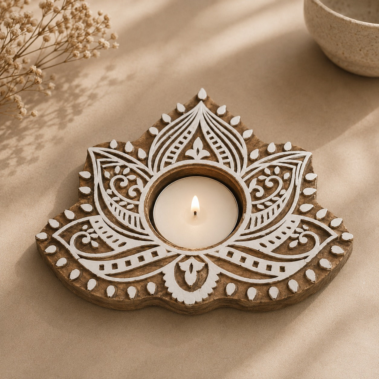Elorra Hand Carved Wooden T Light Holder