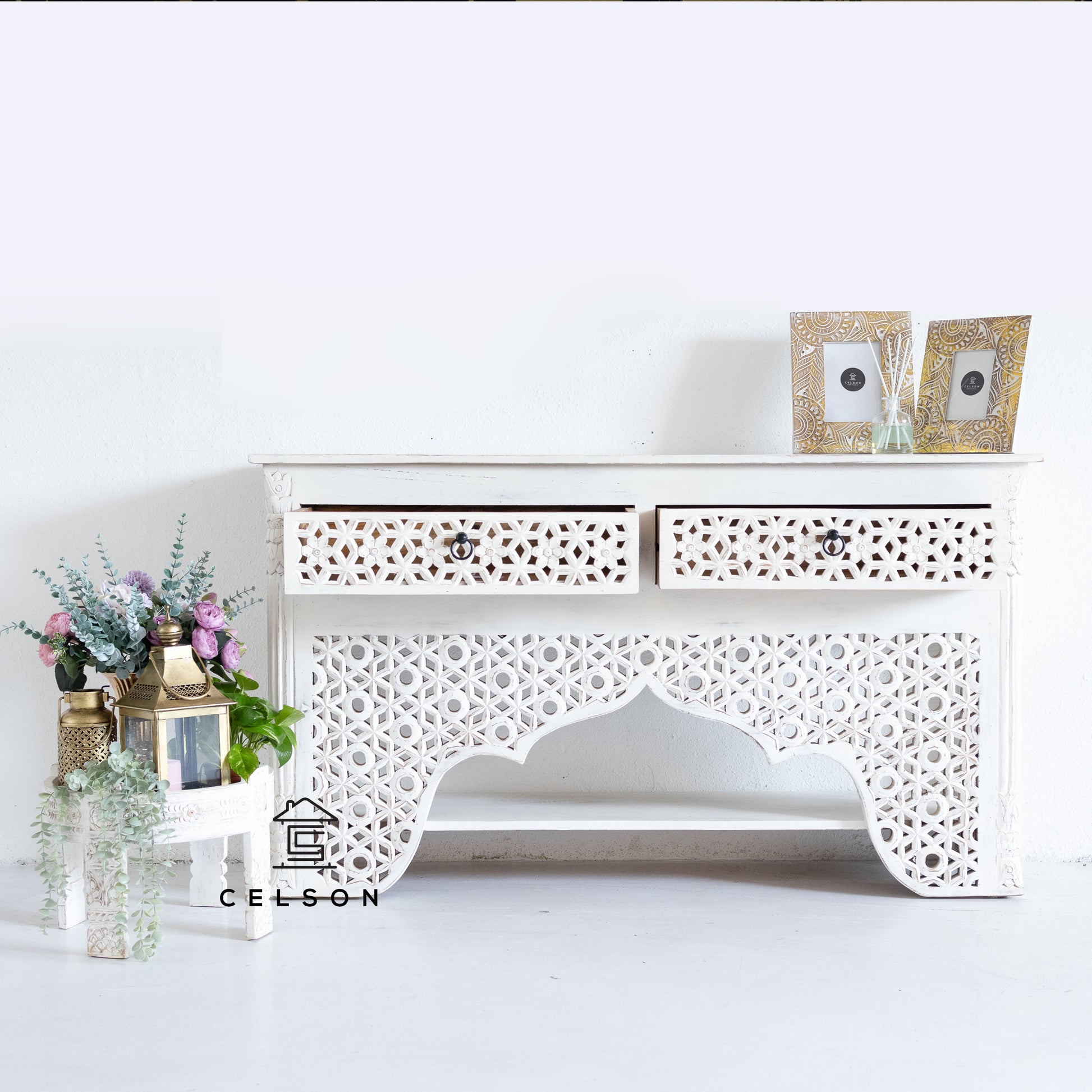 Penny Hand Carved Wooden Console Table