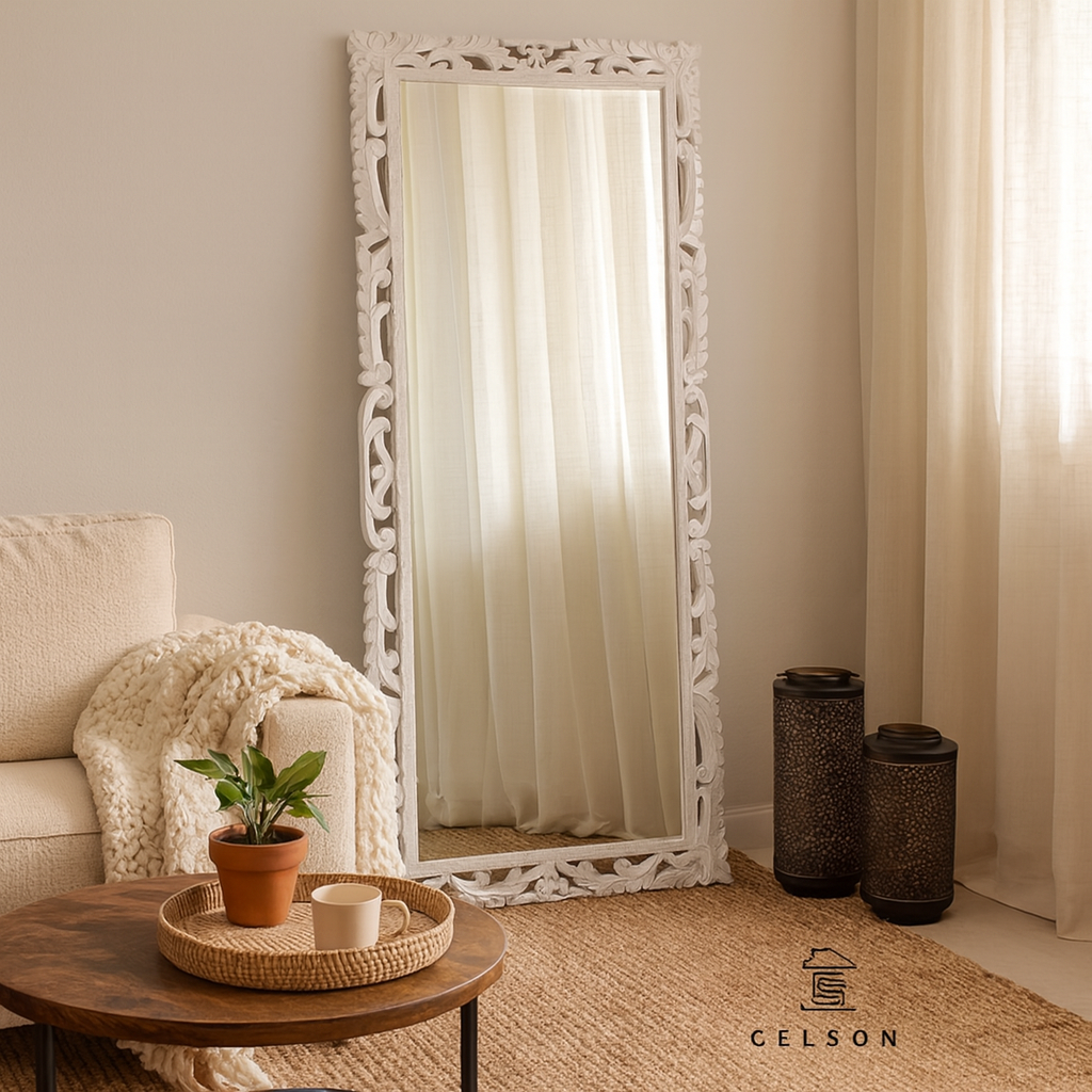 Simmi Carved White Mirror