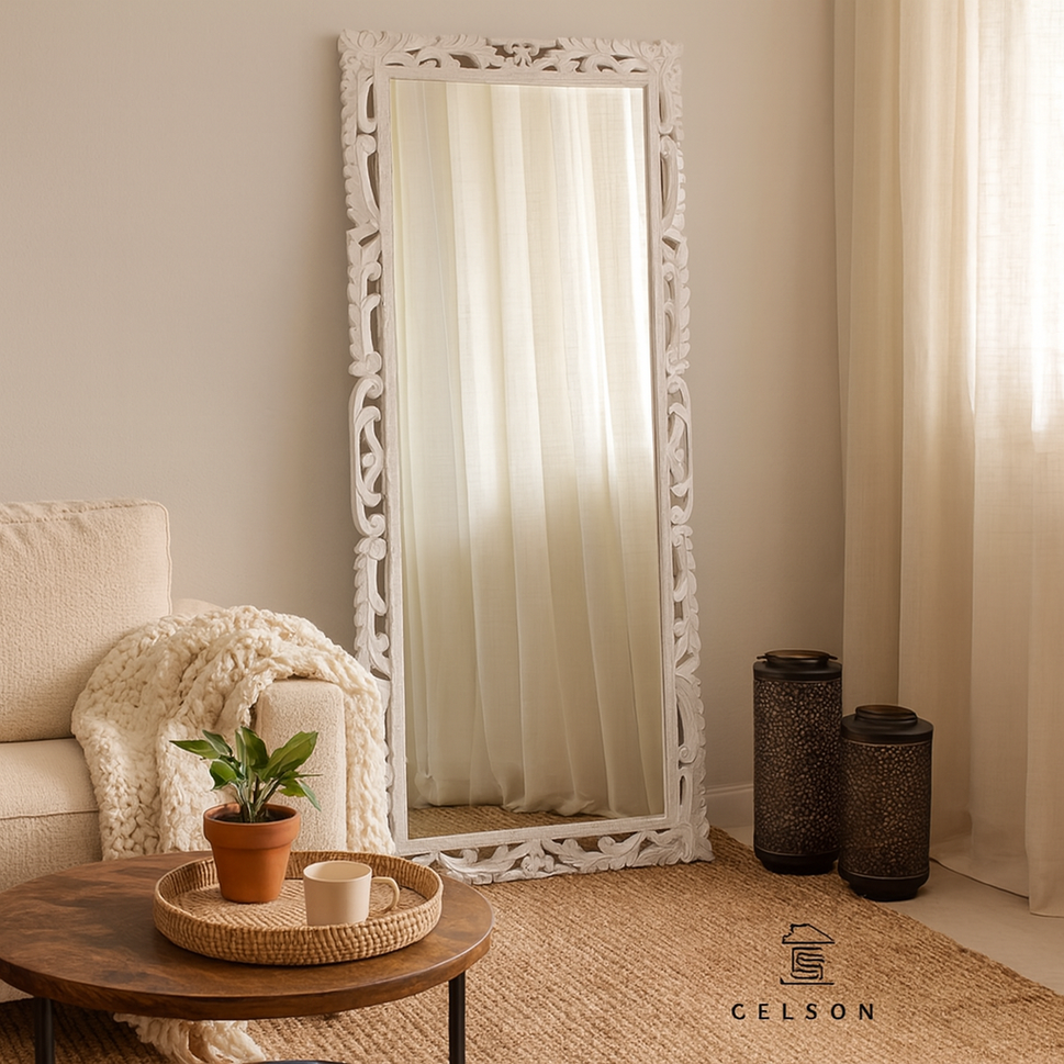 Simmi Carved White Mirror