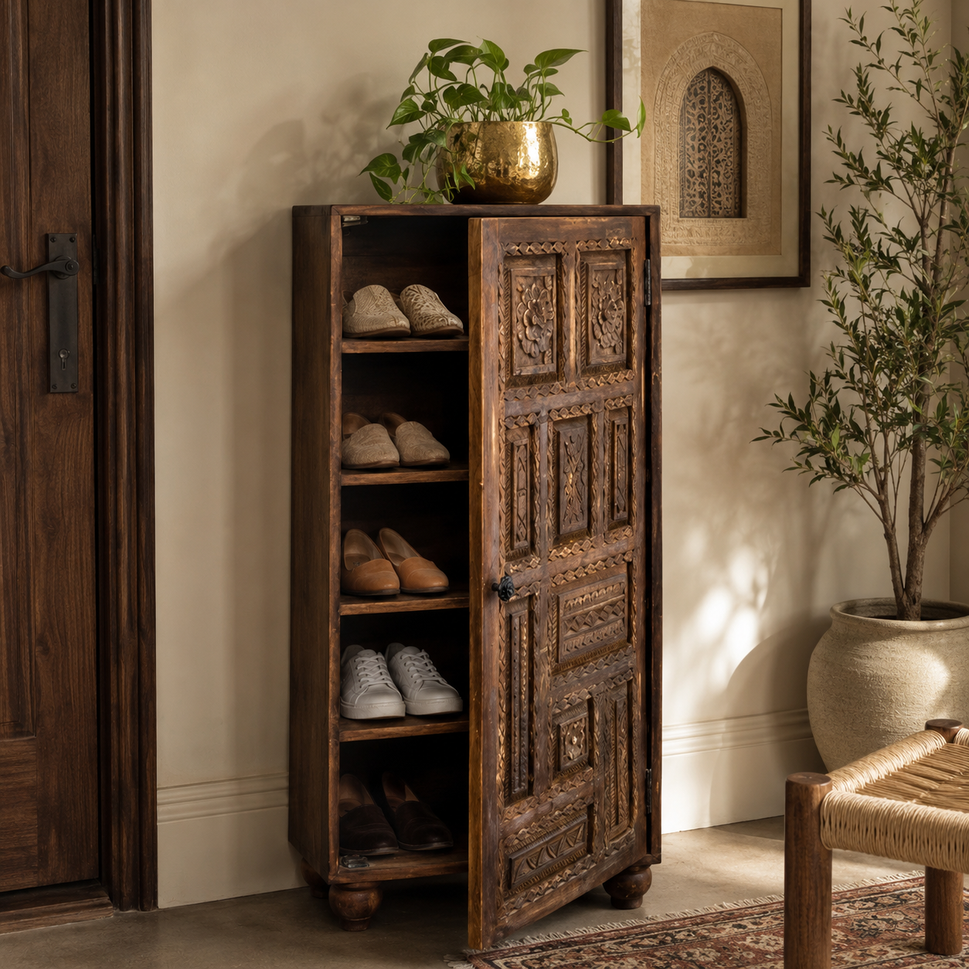 Lena Hand Carved Wooden Shoe Cabinet