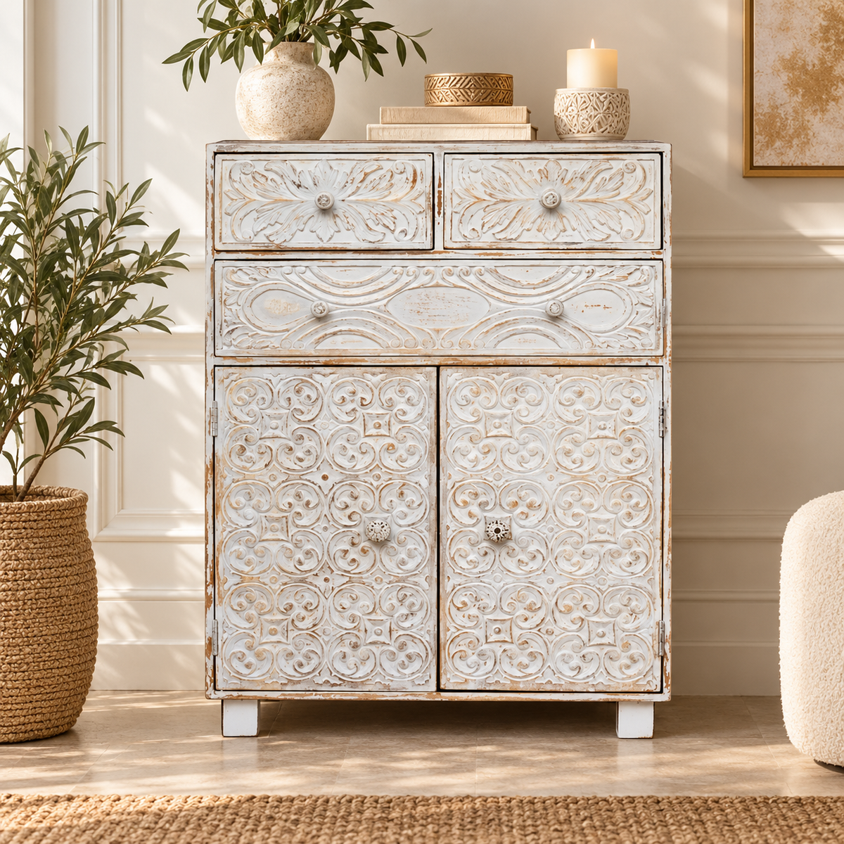 Nora Carved Wooden Chest of Drawer