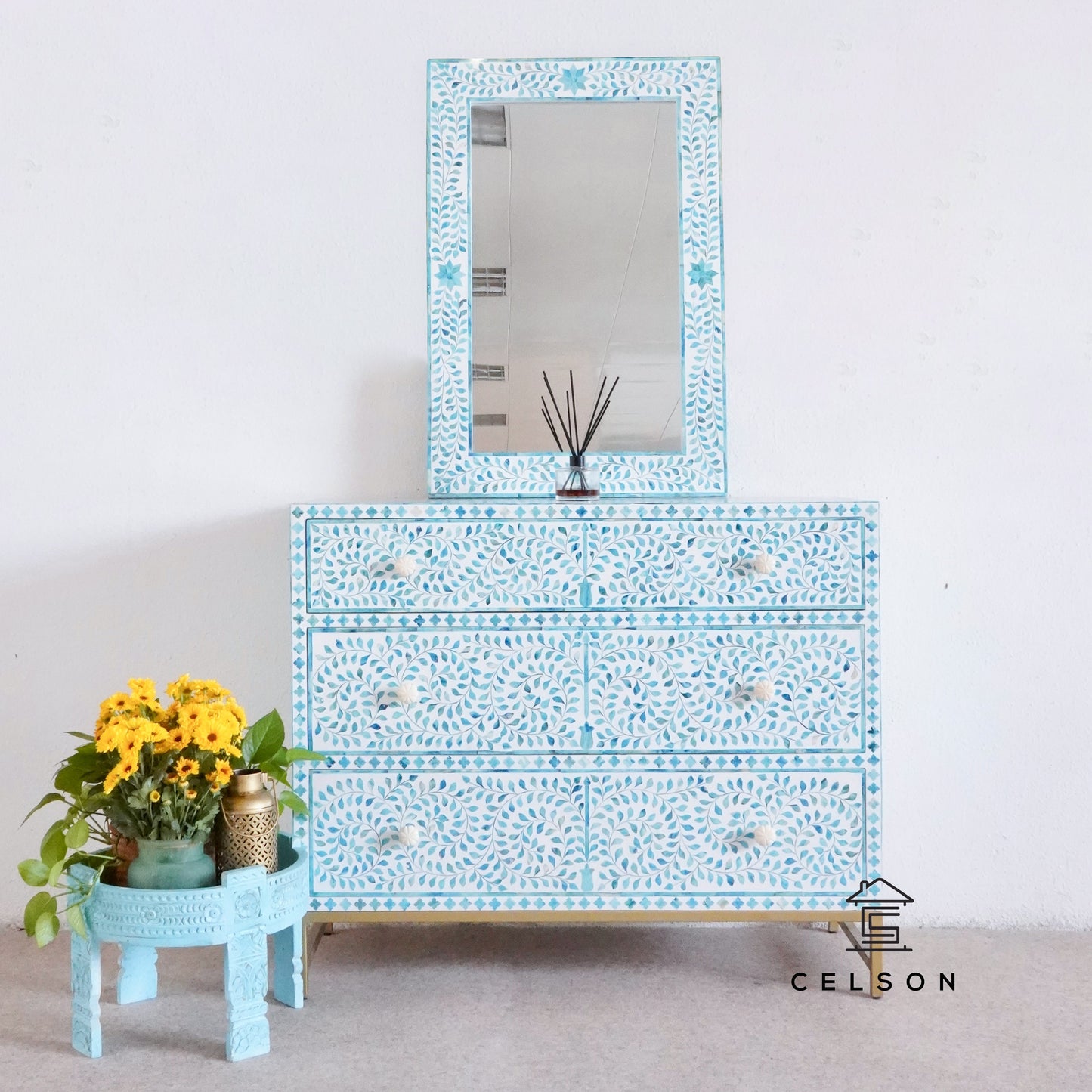 Vega Bone Inlay Chest and Mirror