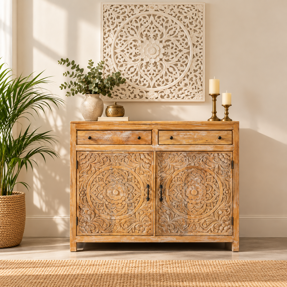Ewen Carved Wooden Chest