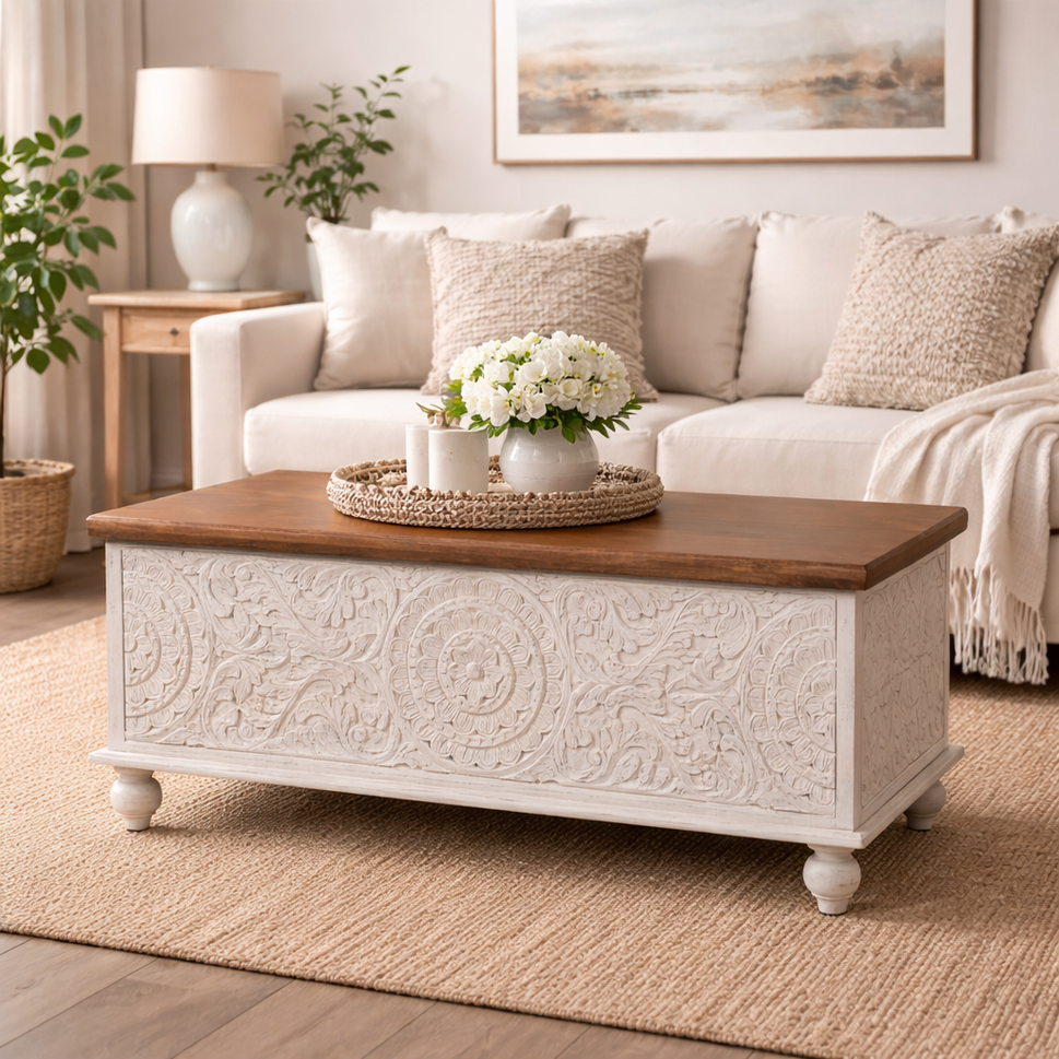 Jenny Carved Wooden Storage Trunk