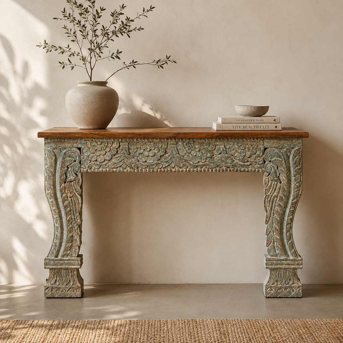 Mina Hand Carved Wooden Console Table
