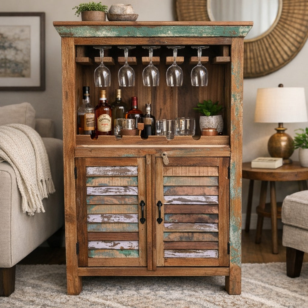 Wooden bar cabinet with glass holders and bottles in a living room setting