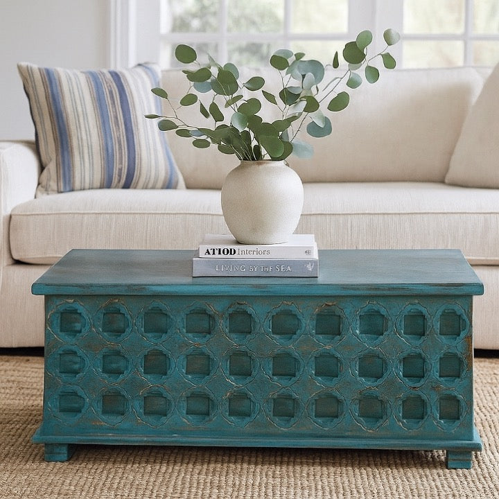 Hannah Carved Wooden Coffee Storage Trunk