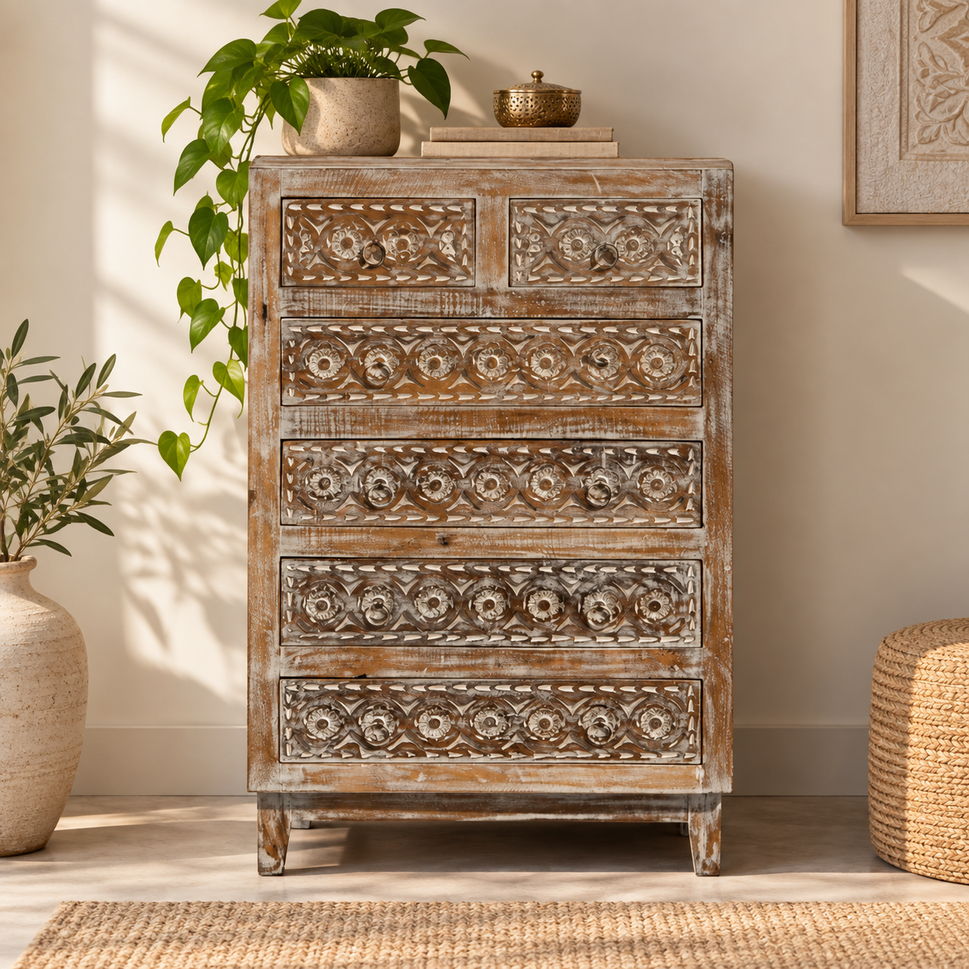 Noreen Carved Wooden Chest of Drawer