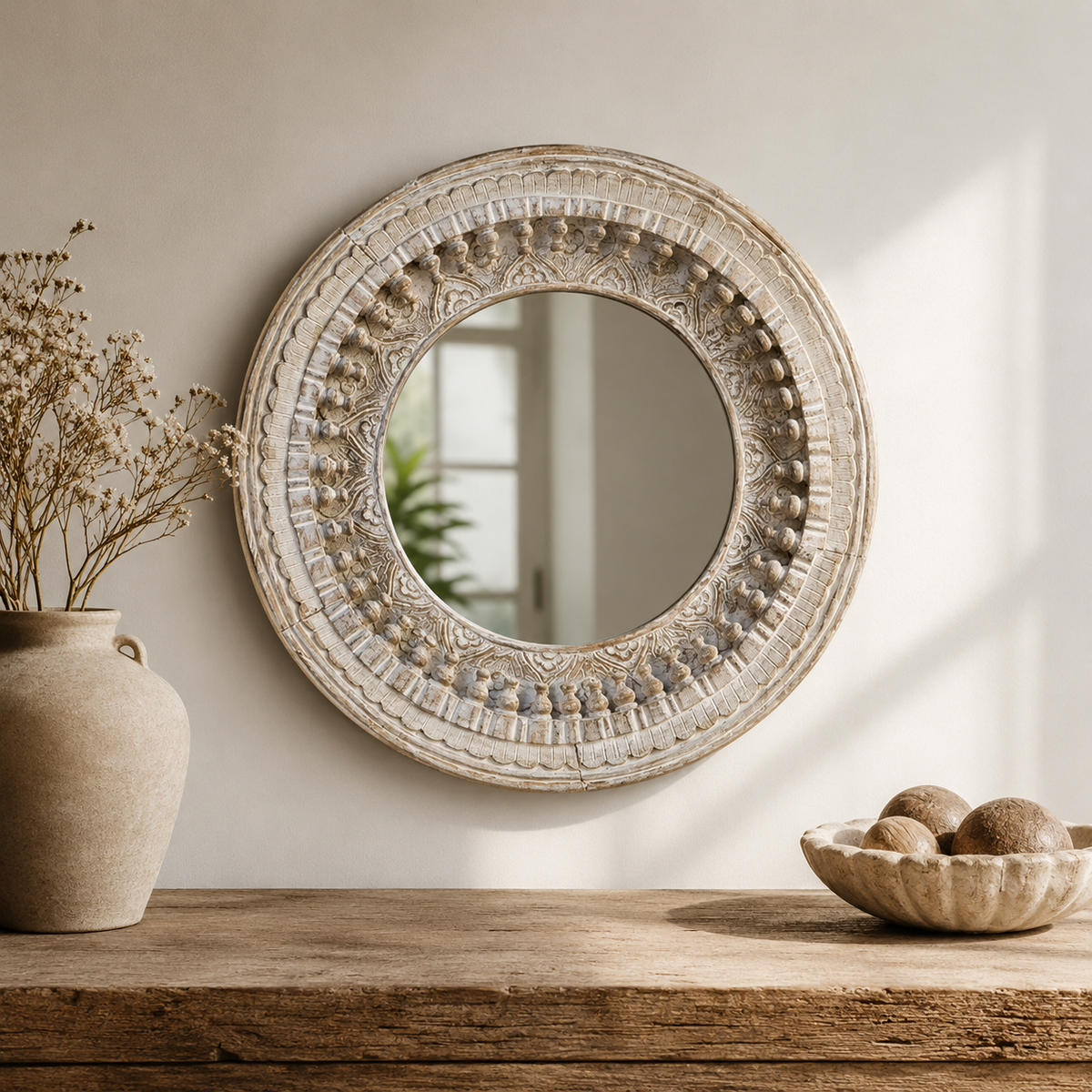 Eiza Hand Carved Wooden Mirror