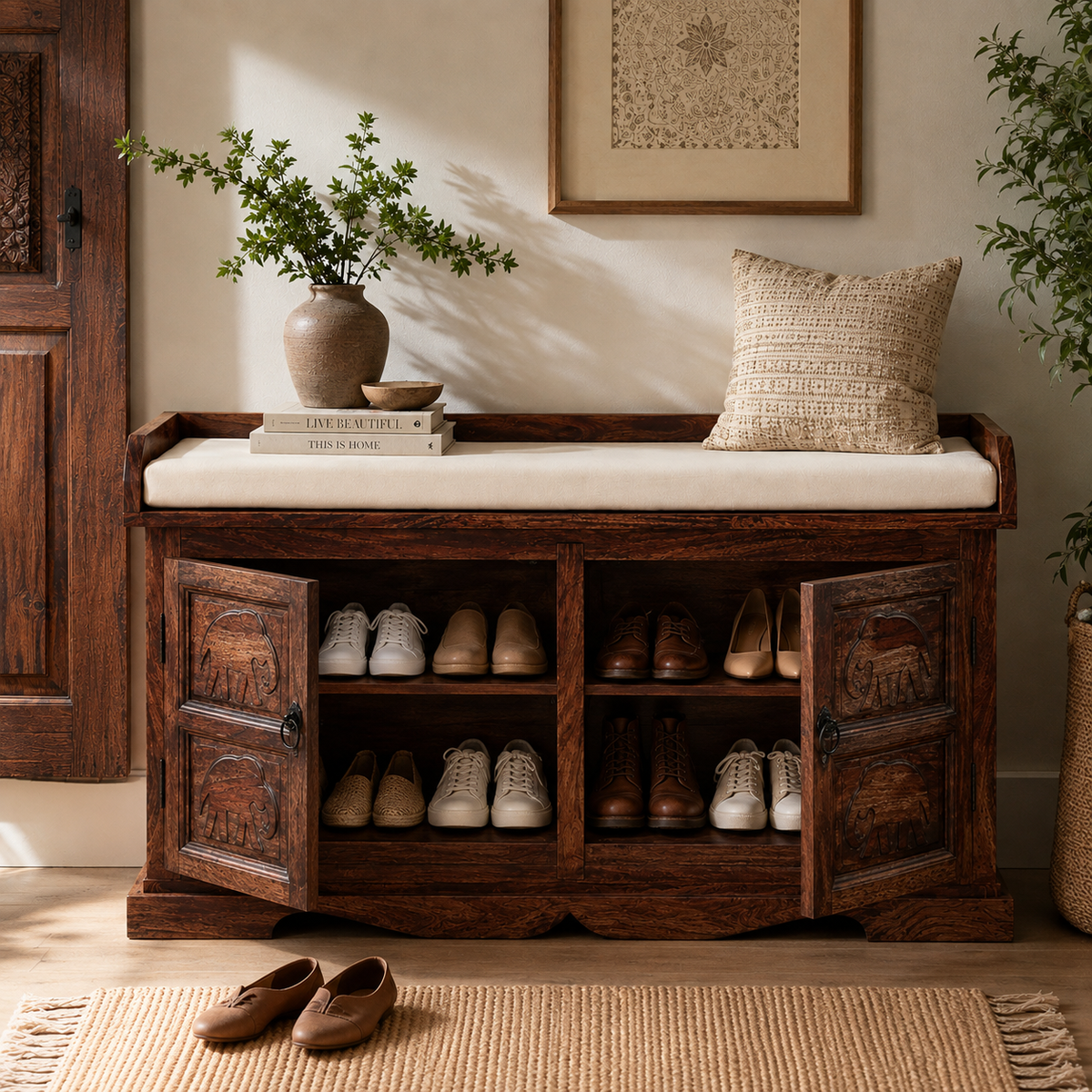Danielle Hand Carved Wooden Shoe Cabinet