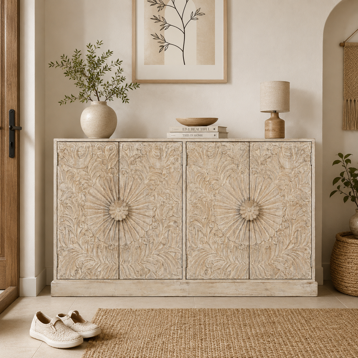 Jade Hand Carved Wooden Shoe Cabinet