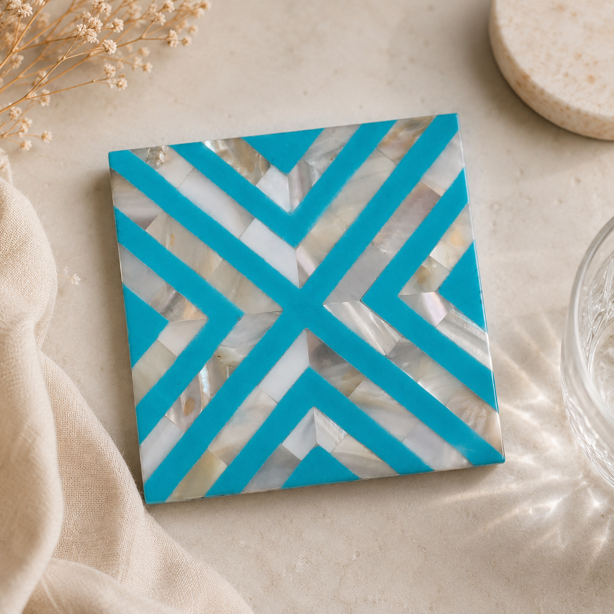 Chevron Pattern Mother of Pearl Inlay Coaster
