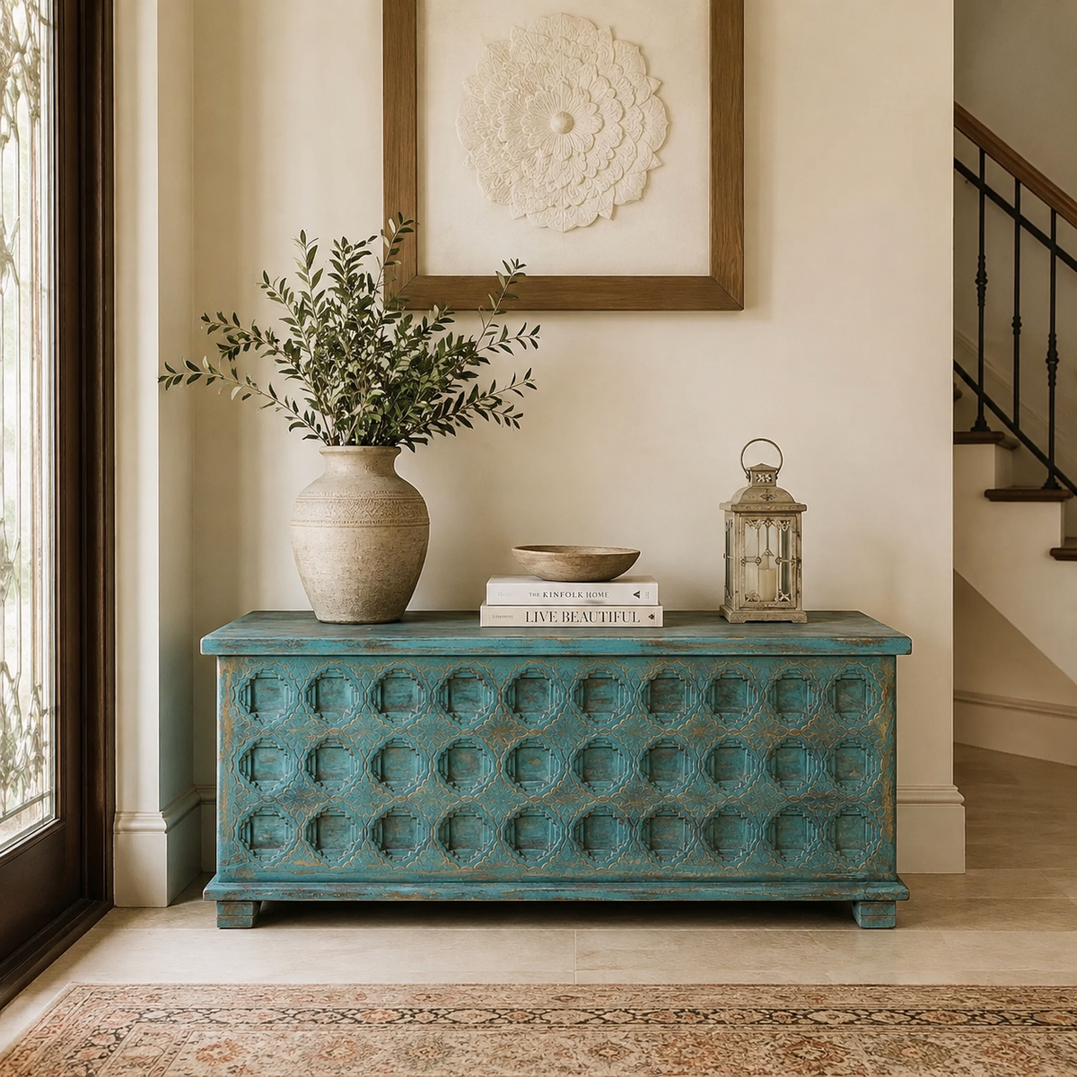 Hannah Carved Wooden Coffee Storage Trunk