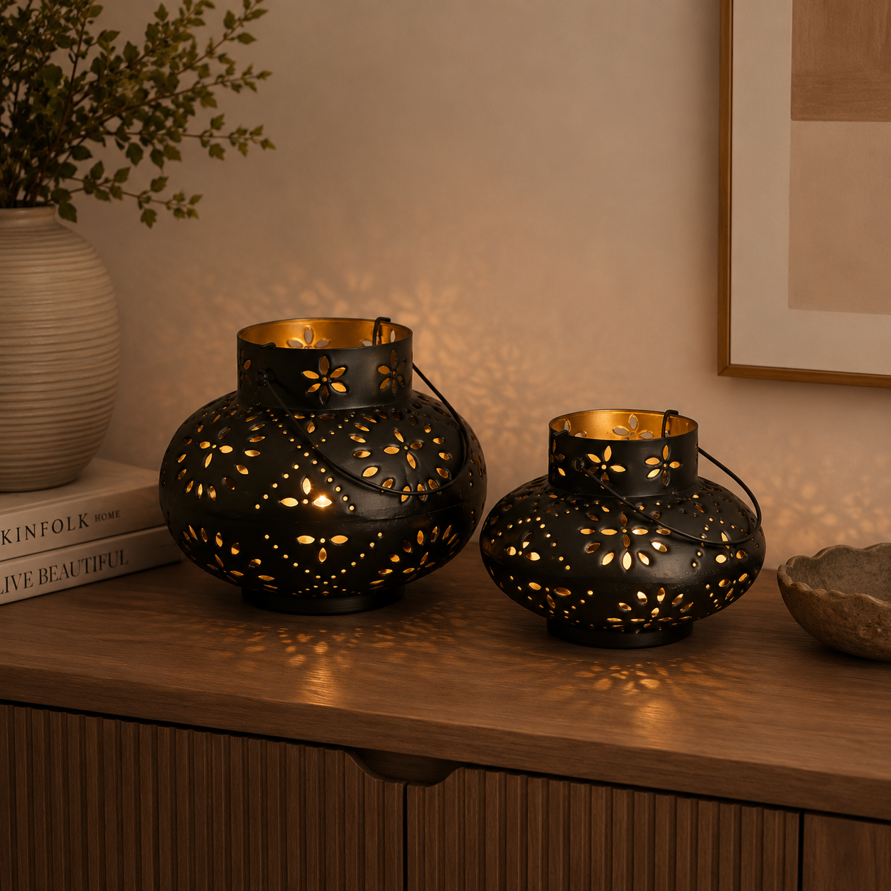 Roohi Antique Brass Finish Lantern Set of 2