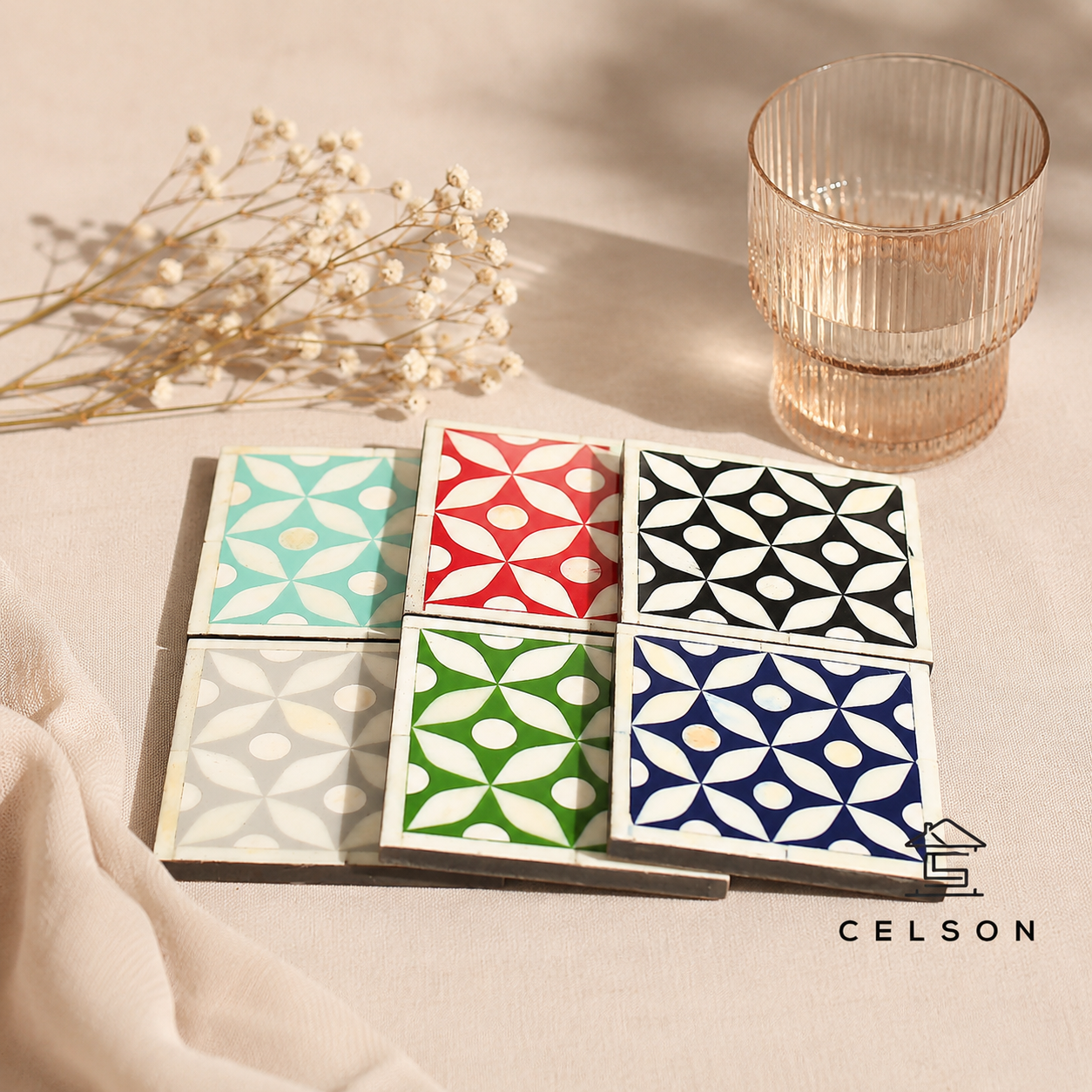 Geometric Pattern Bone Inlay Coaster