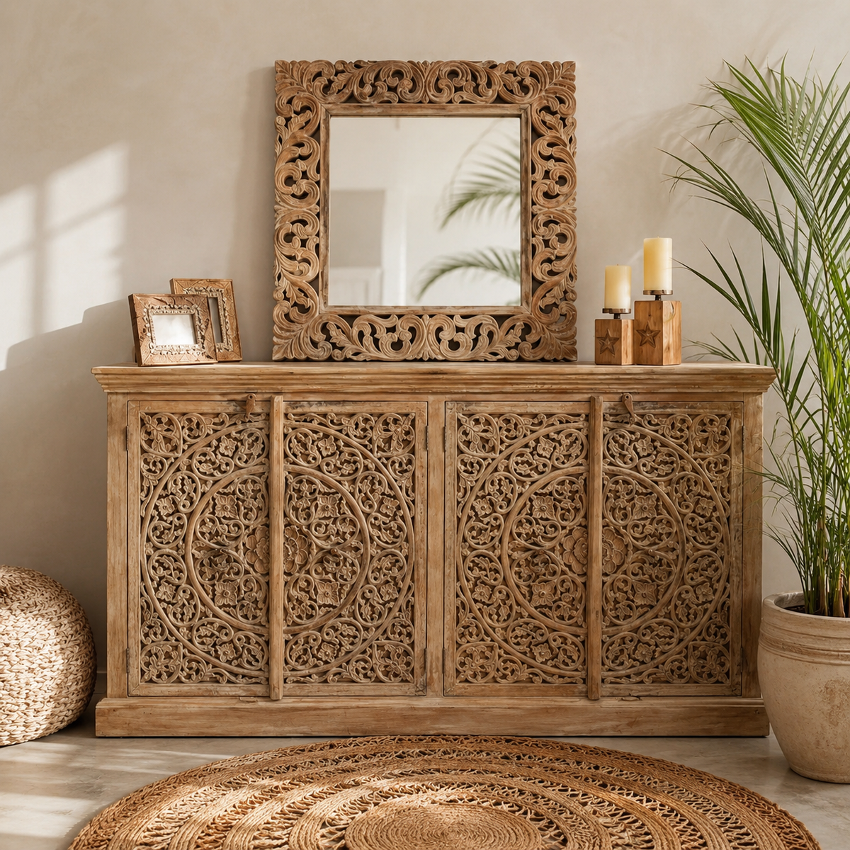 June Hand Carved Wooden Side Board