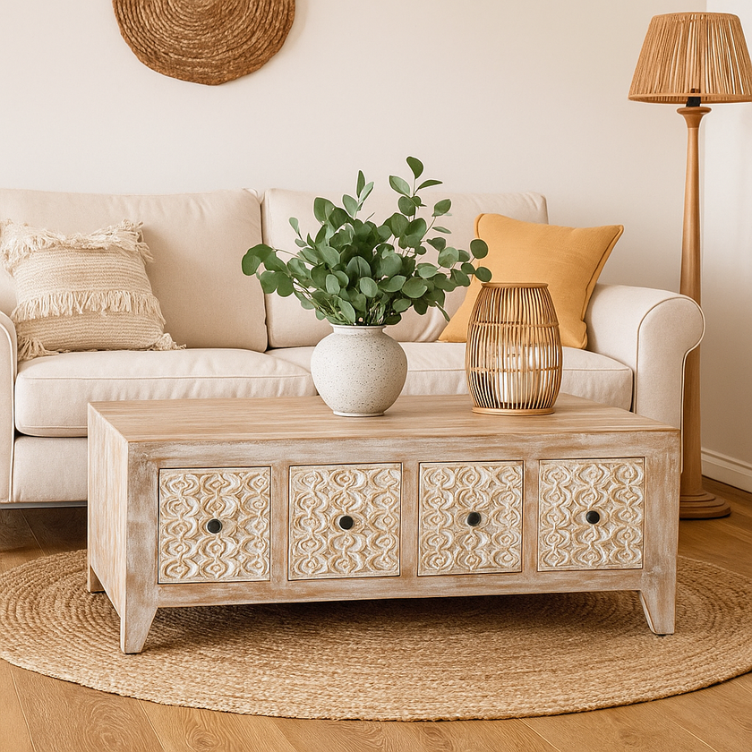 Colter Carved Wooden Coffee Table