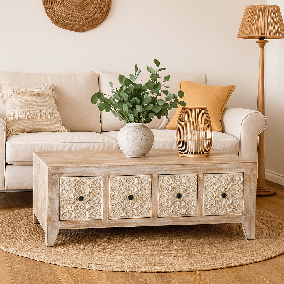 Colter Carved Wooden Coffee Table